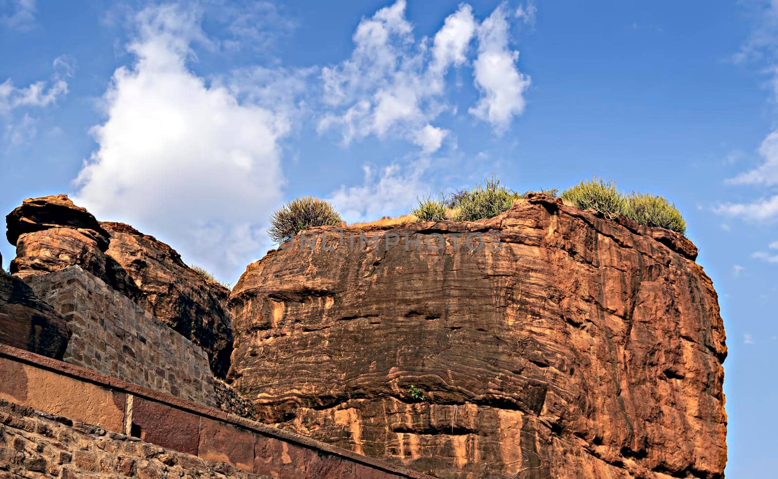 Huge rock on hill at Badami, Karnataka, India. by lalam