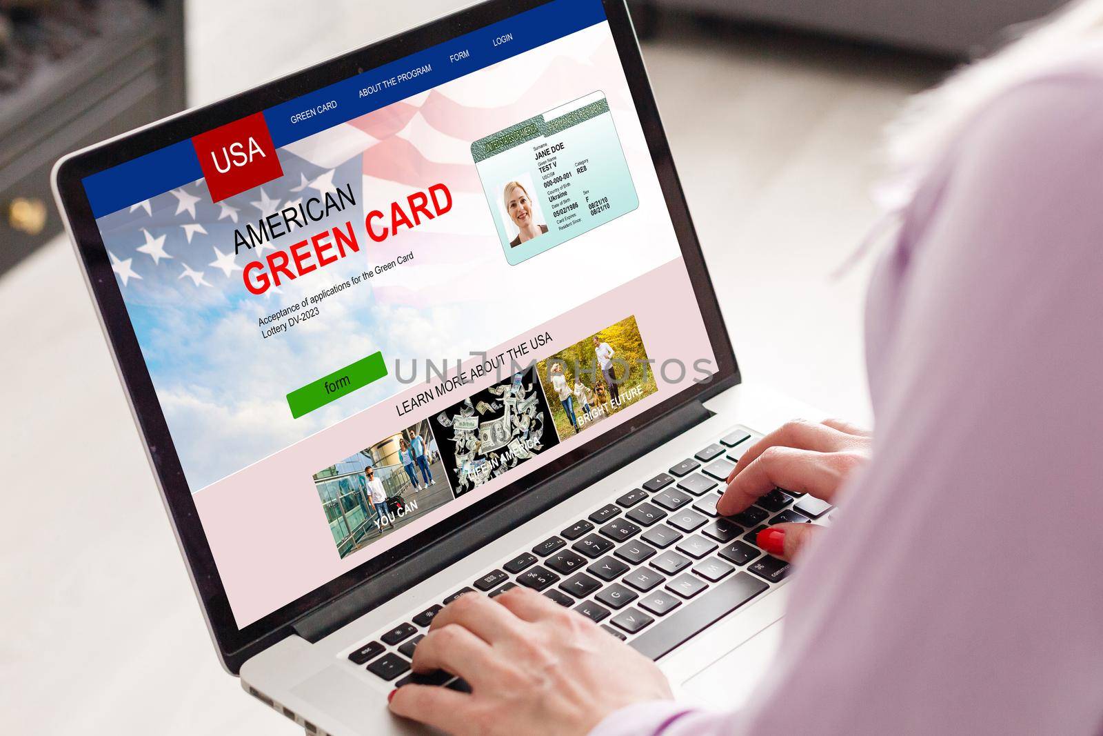 woman with laptop Permanent resident card Green card of USA by Andelov13