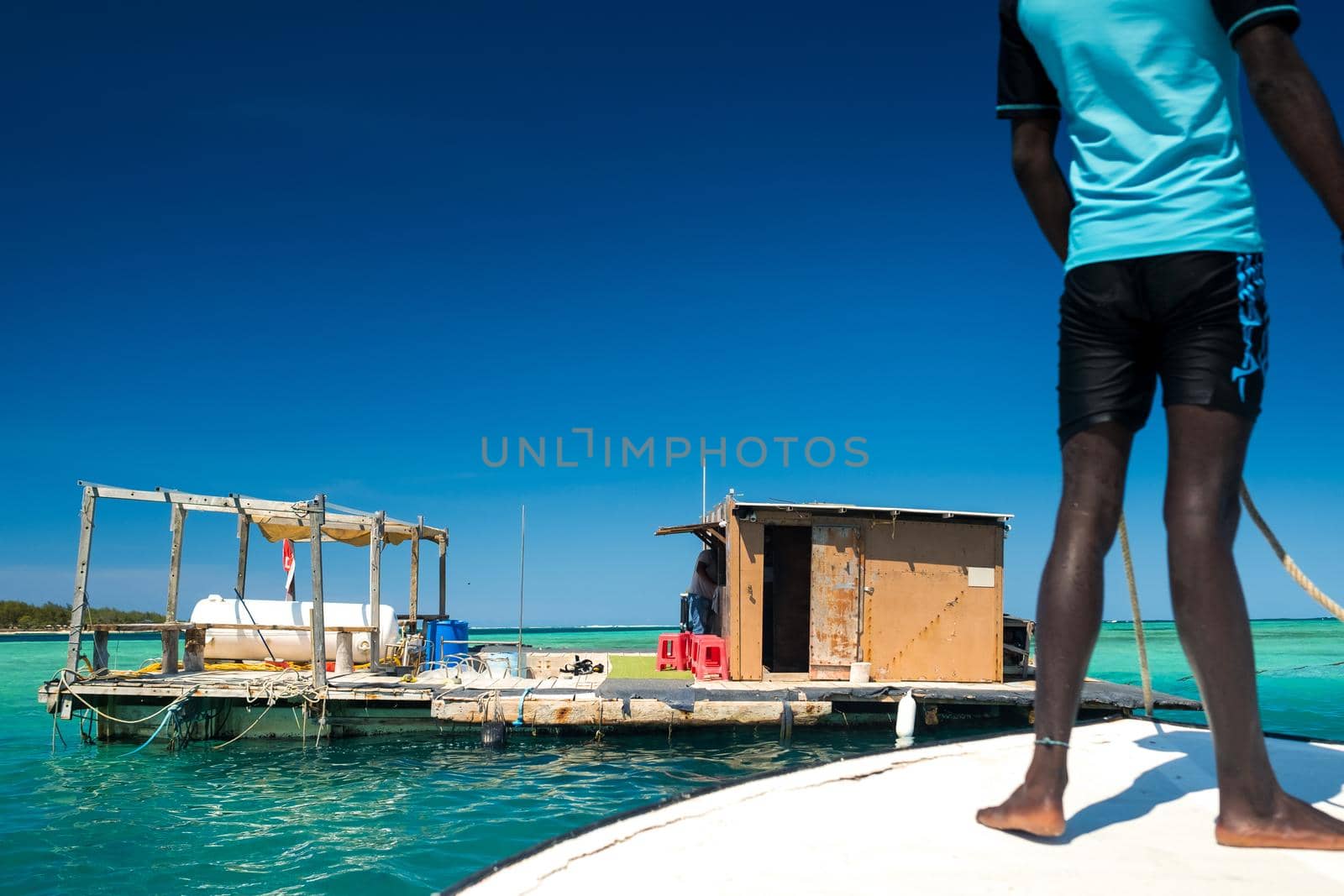 Fixed base on the water for diving in an underwater helmet in the ocean on the island of Mauritius.