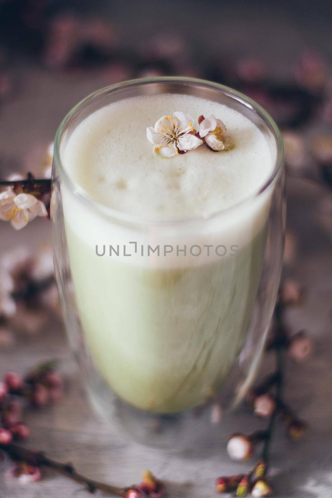 Cup of matcha latte tea with brunch of cherry blossoms.