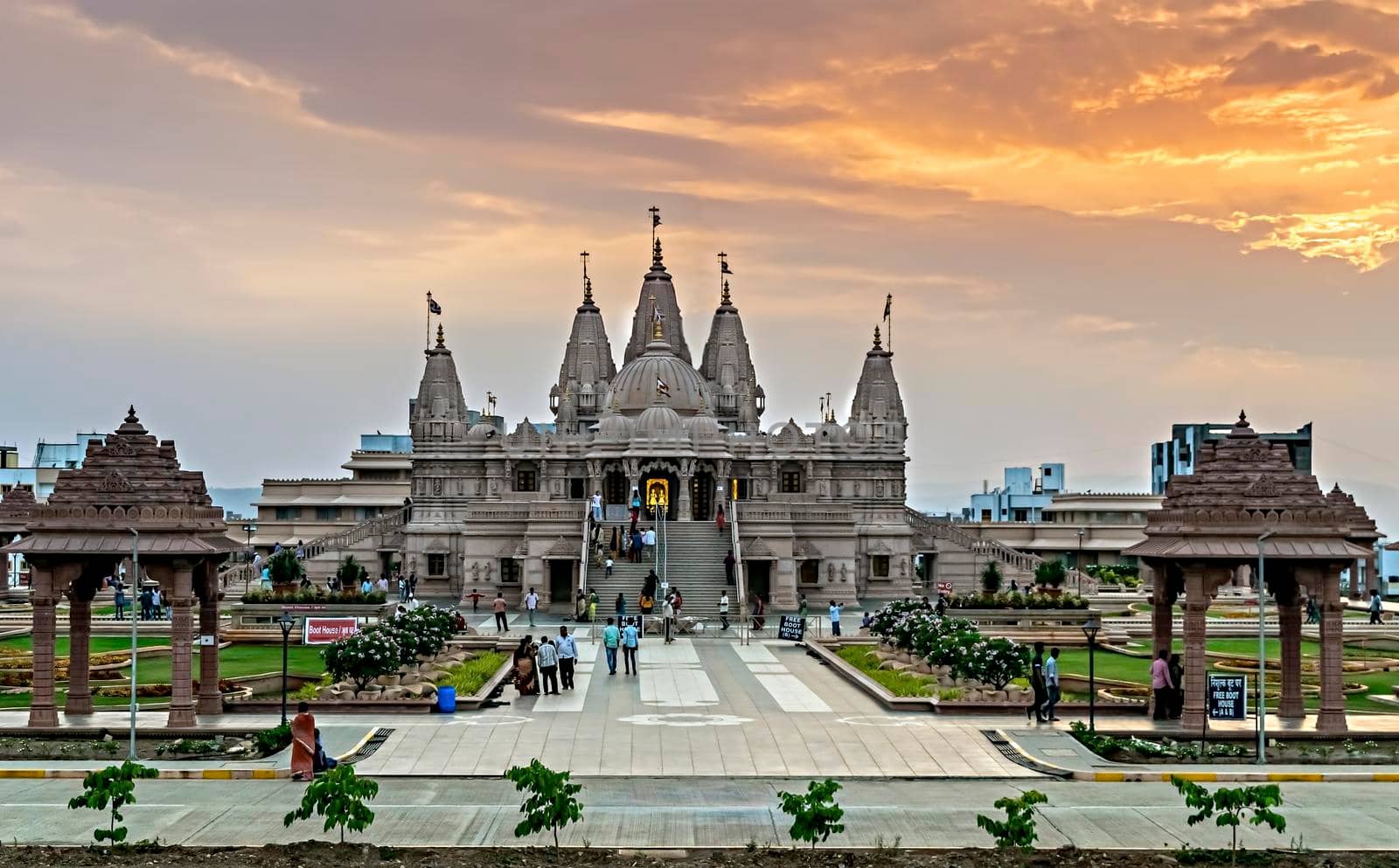 Beautiful evening sunset light on the background of Shree Swaminarayan temple by lalam