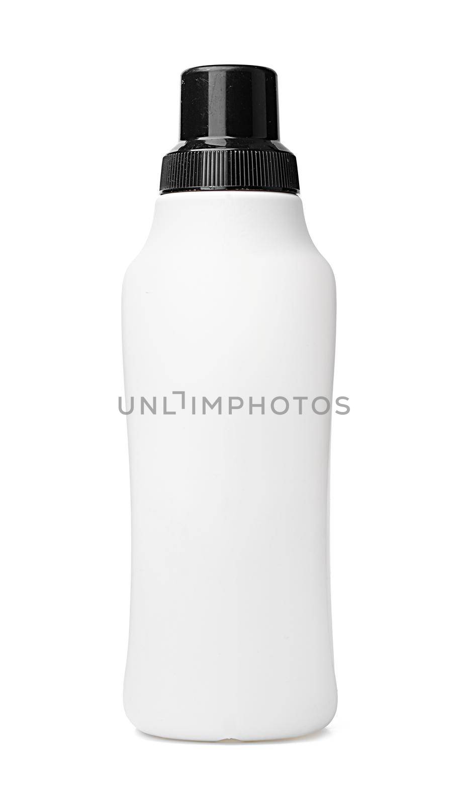 White plastic bottle of washing liquid isolated on white background, close up