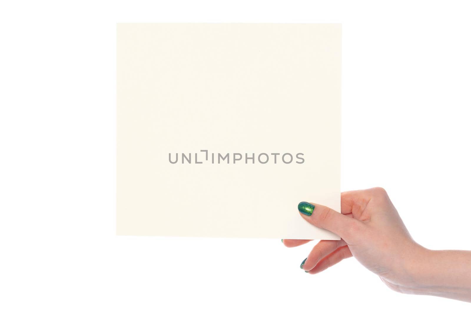 Woman's hand showing white paper banner isolated on white by Fabrikasimf