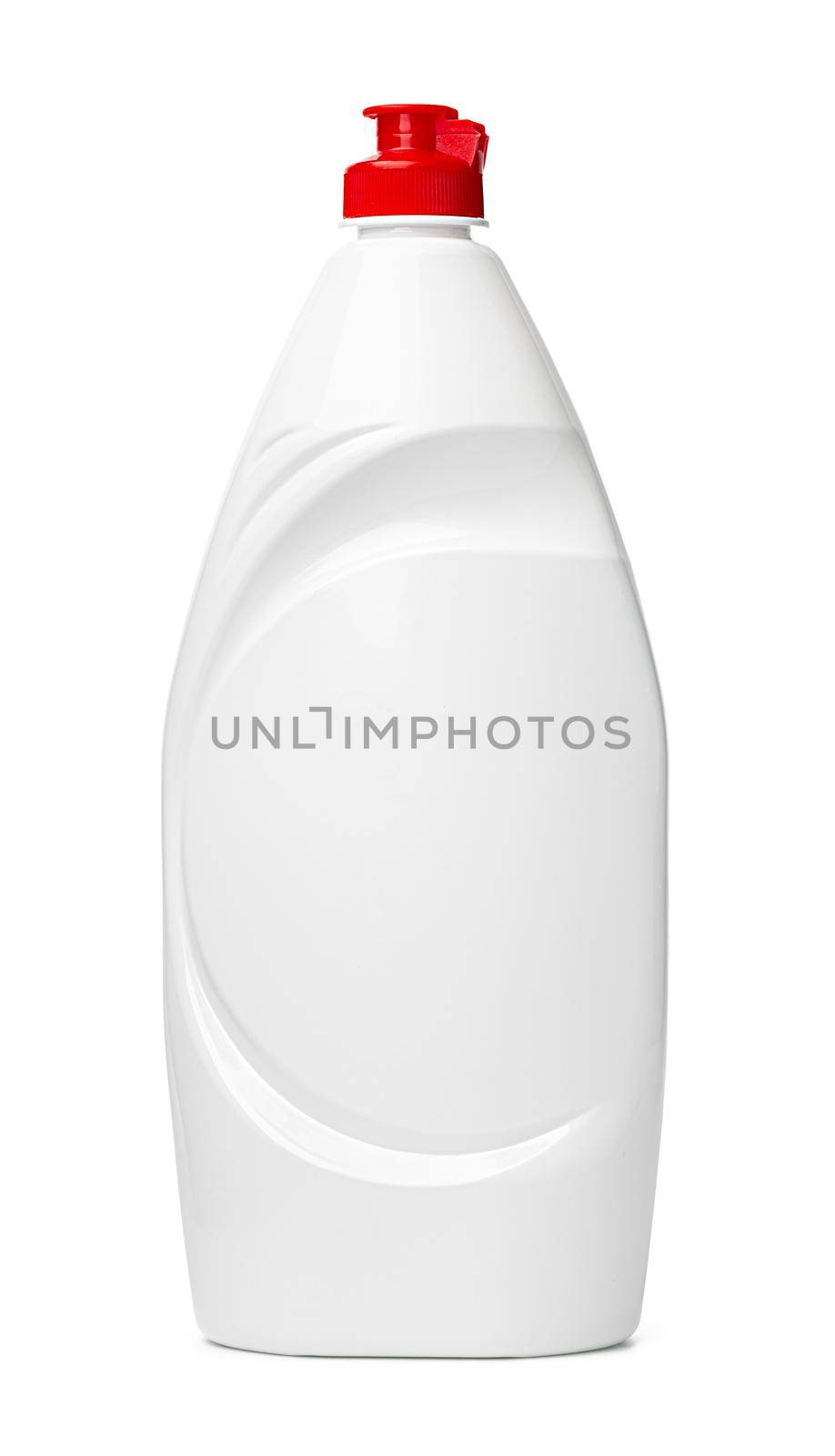 White plastic bottle of washing liquid isolated on white background, close up