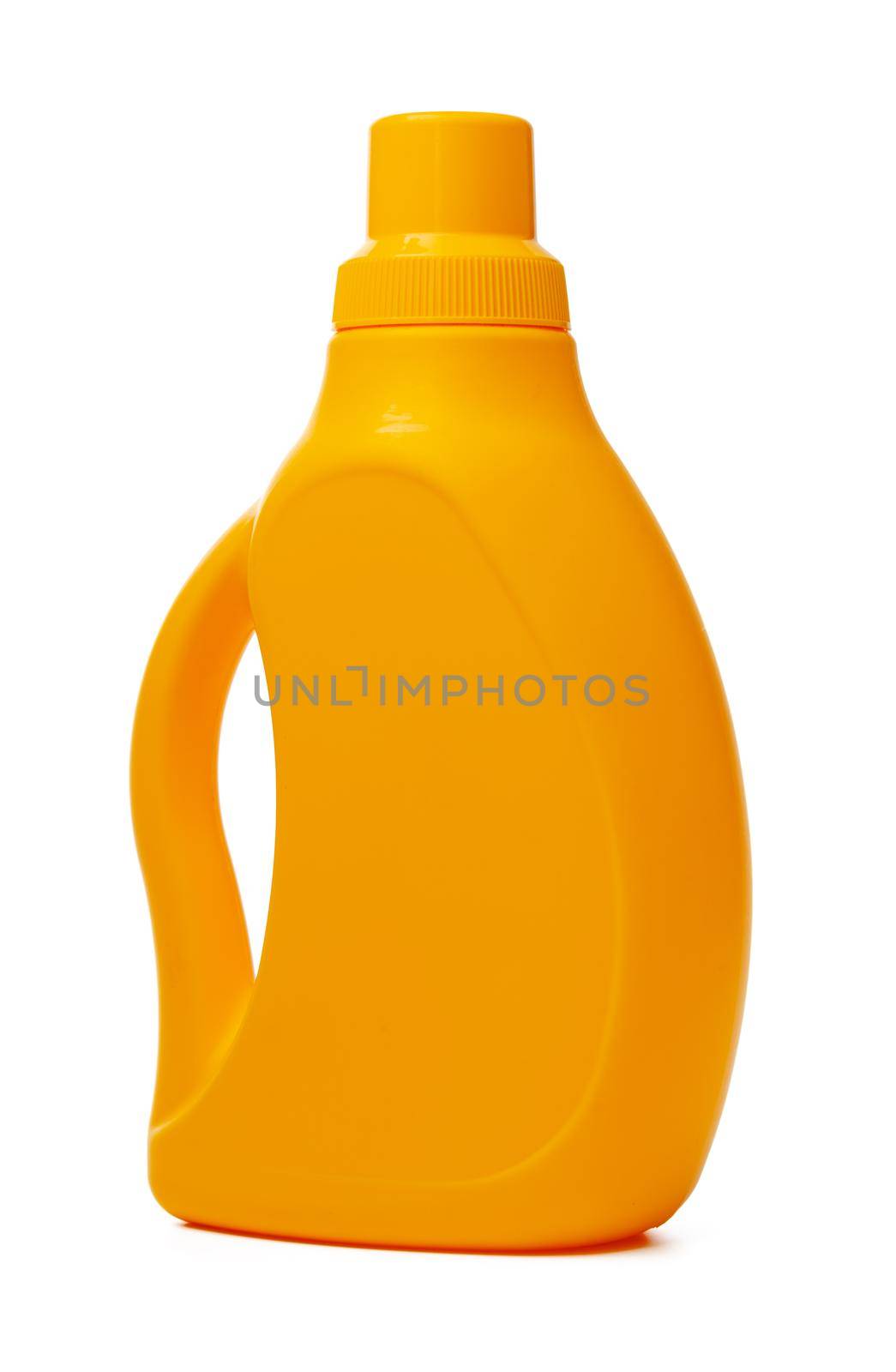 Orange plastic bottle of liquid detergent isolated on white background
