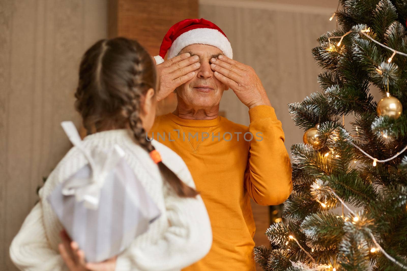 Making surprise christmas gift. Grandchild hiding present for grandpa behind her back, mature man covering his eyes with palms, waiting for present. on New Year Eve. by sementsovalesia