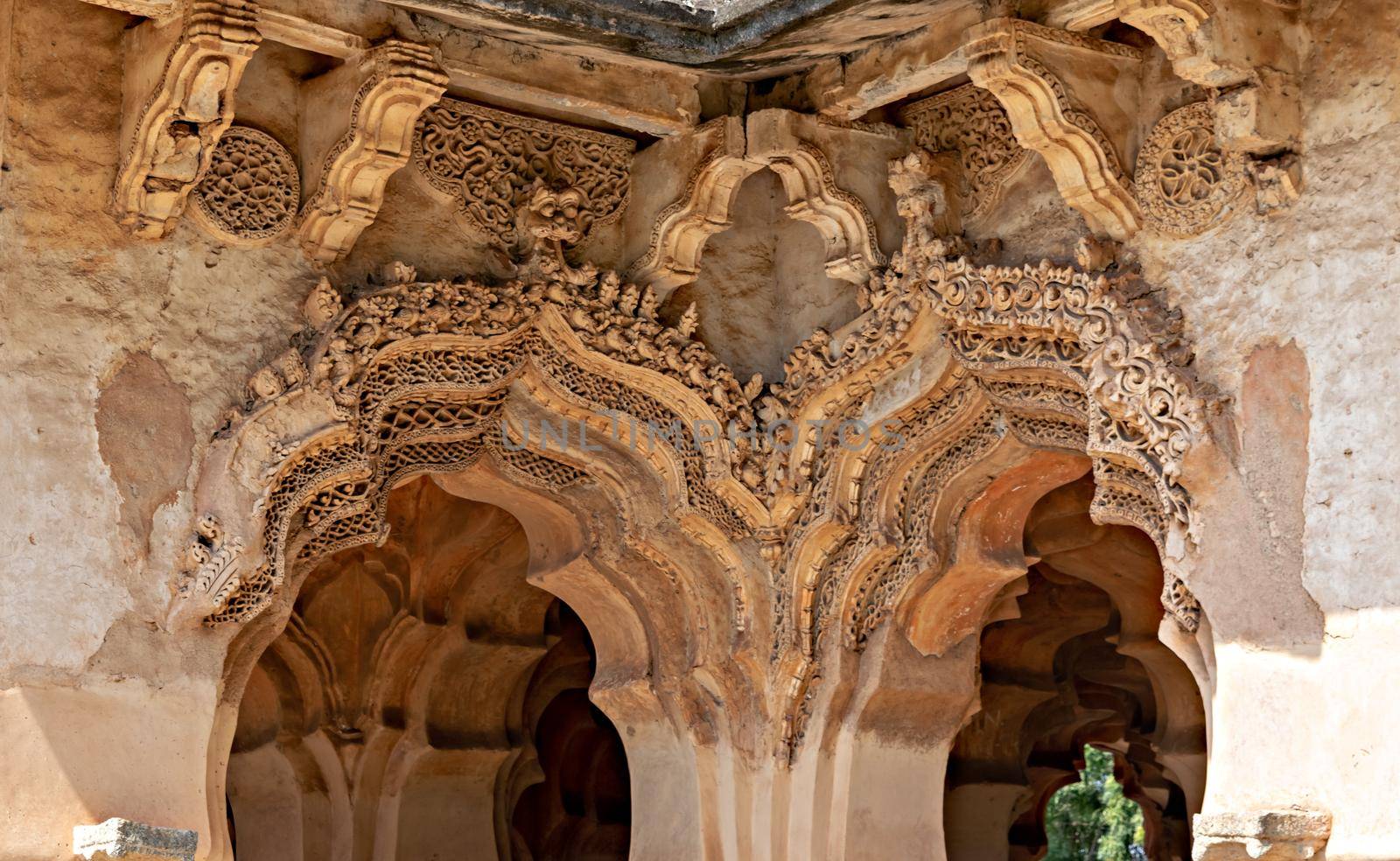 Close up image of Exquisite ancient carving inside Lotus mahal temple in Hampi , Karnataka, India.