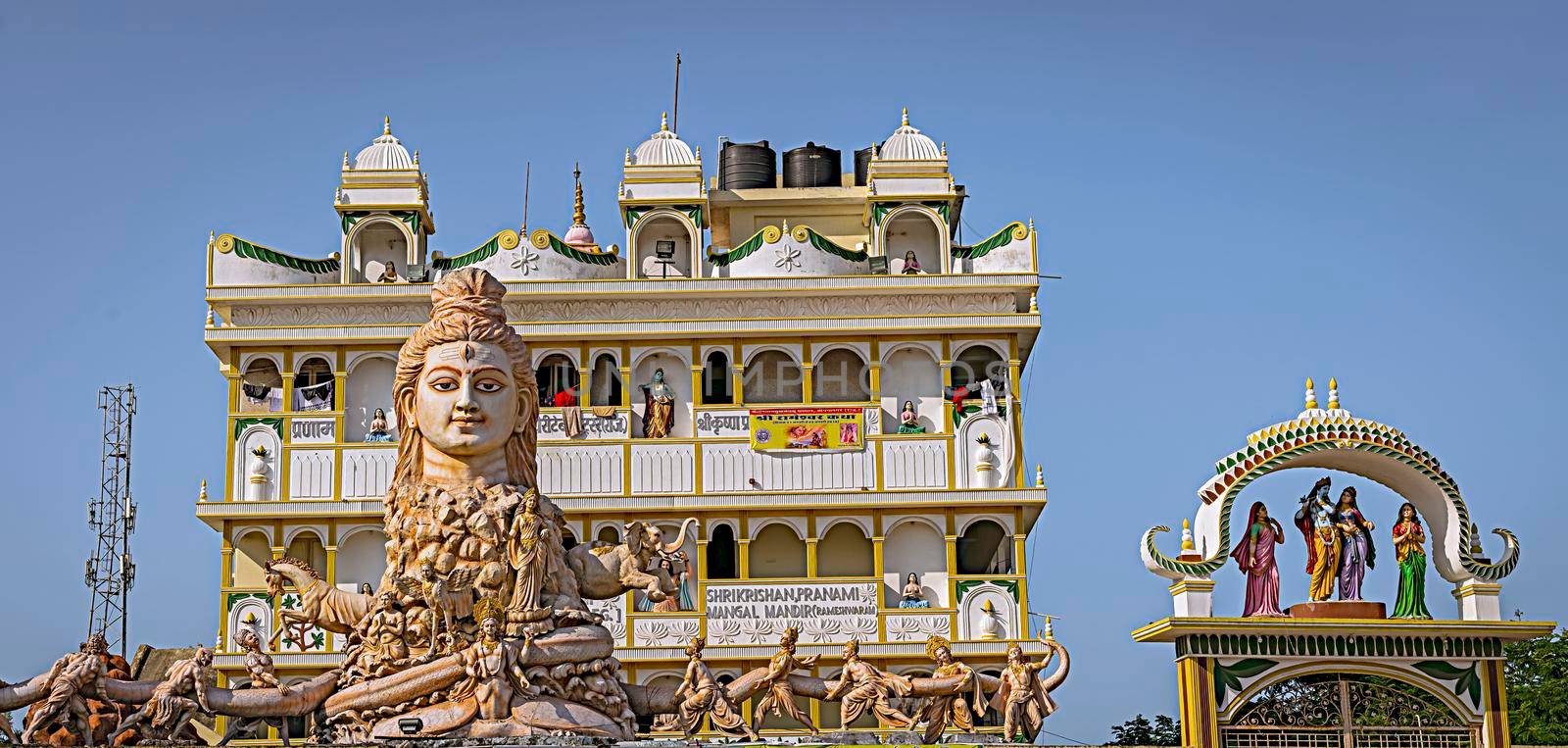 Rameswaram,Tamil Nadu,India-January 28th,2019: Pranami Krisna trust temple and residential complex with huge Shiva statue in front at Rameswaram, India.