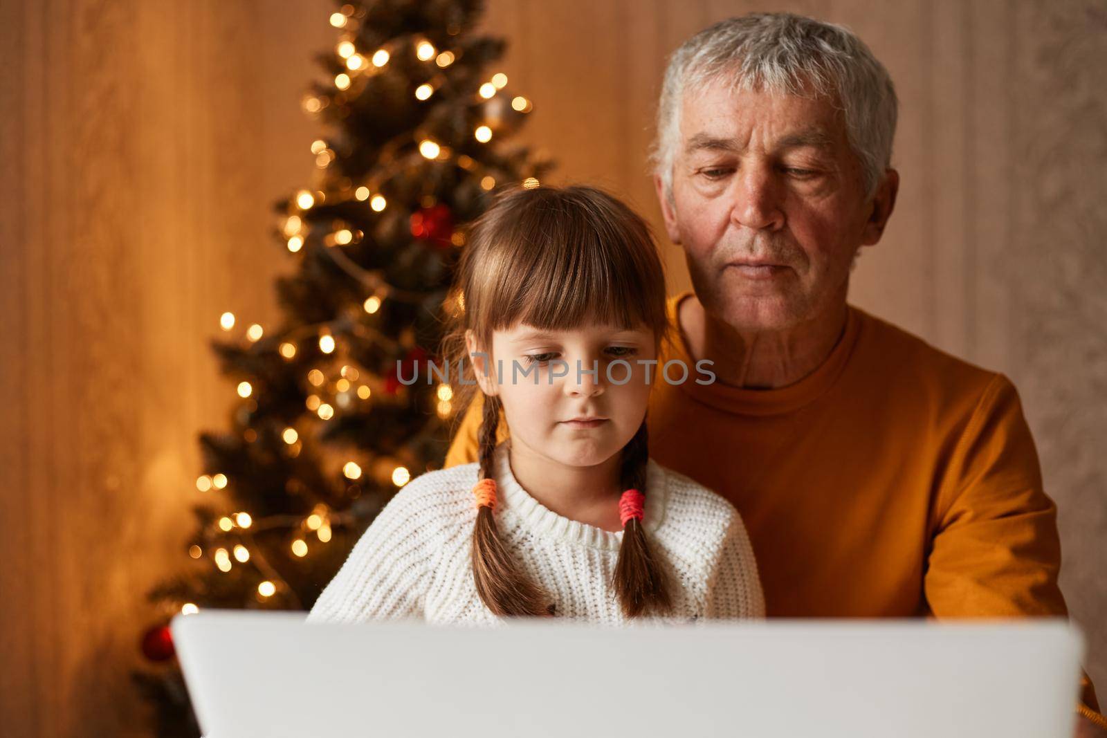 Indoor shot of mature man wearing orange sweater and little girl sitting in front of laptop with Christmas tree on background, looking at monitor with serious concentrated expression.