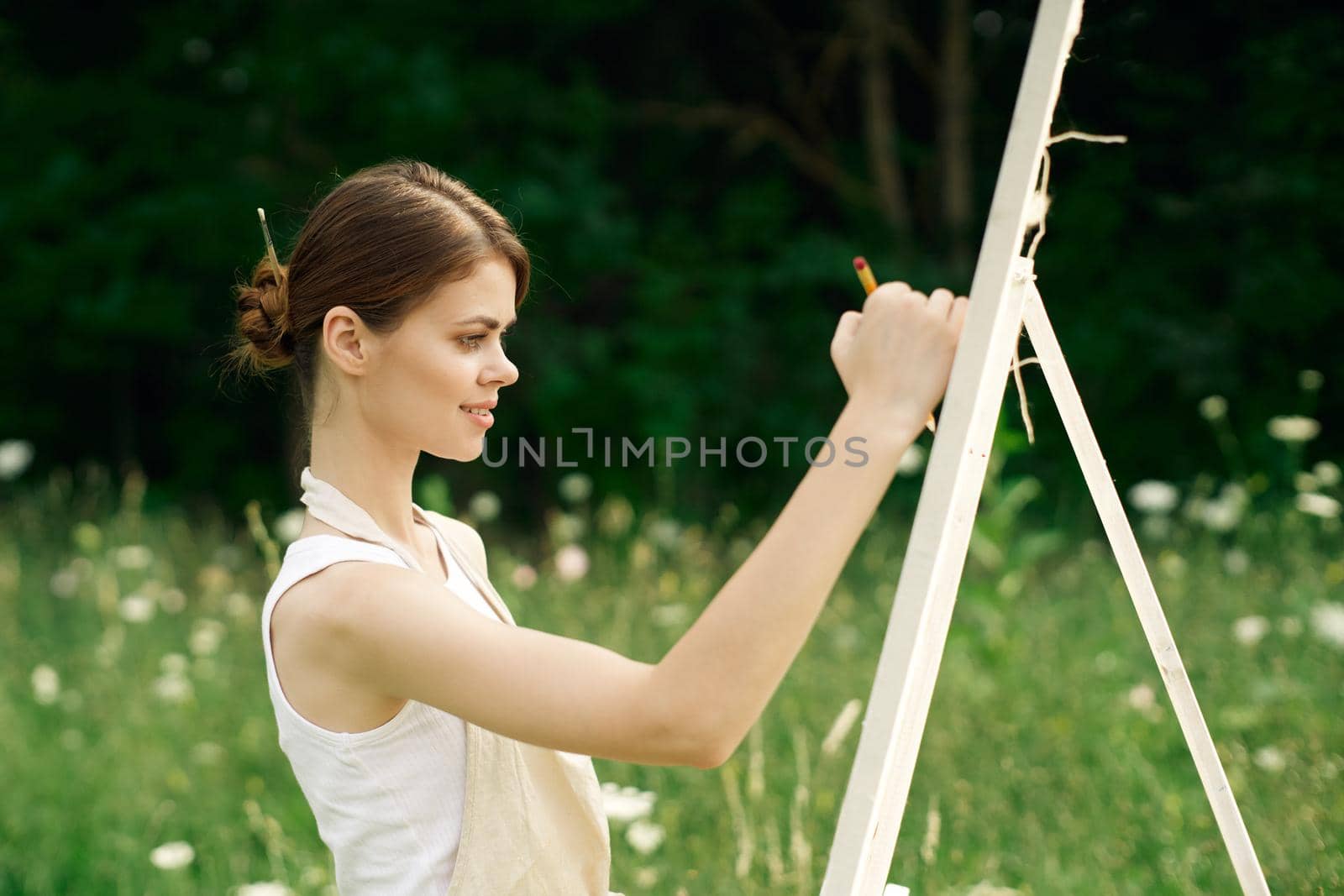 woman artist art drawing nature landscape hobby. High quality photo