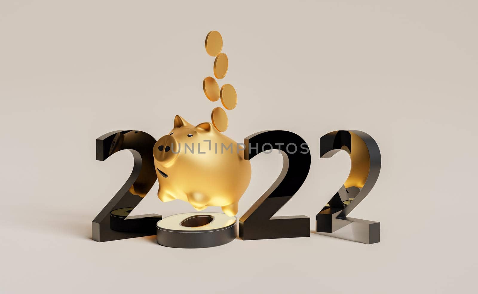 3d new year 2022 numbers with a golden piggy bank in the center and coins falling into it. 3d rendering