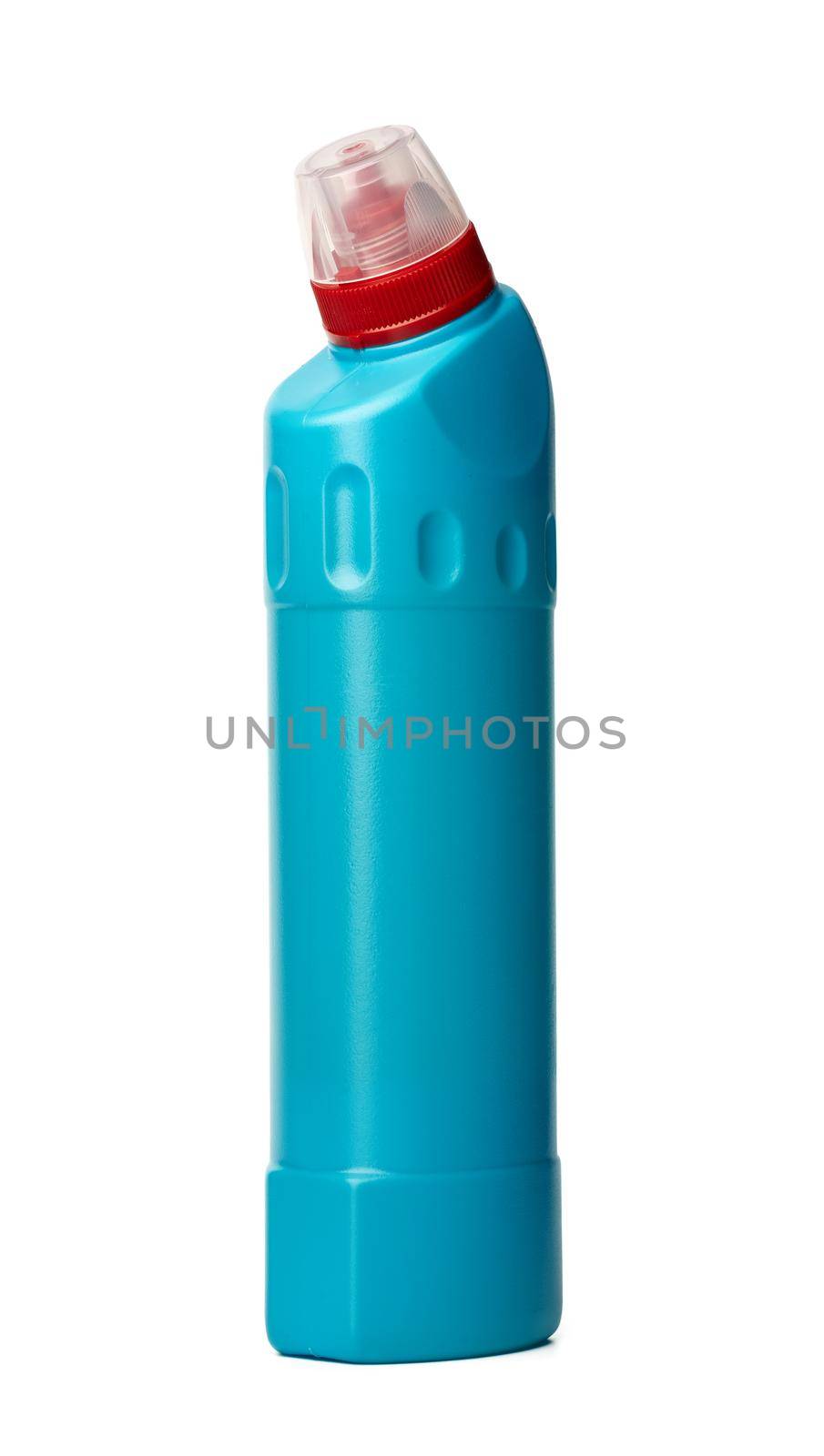 Blue plastic bottle of liquid detergent isolated on white background