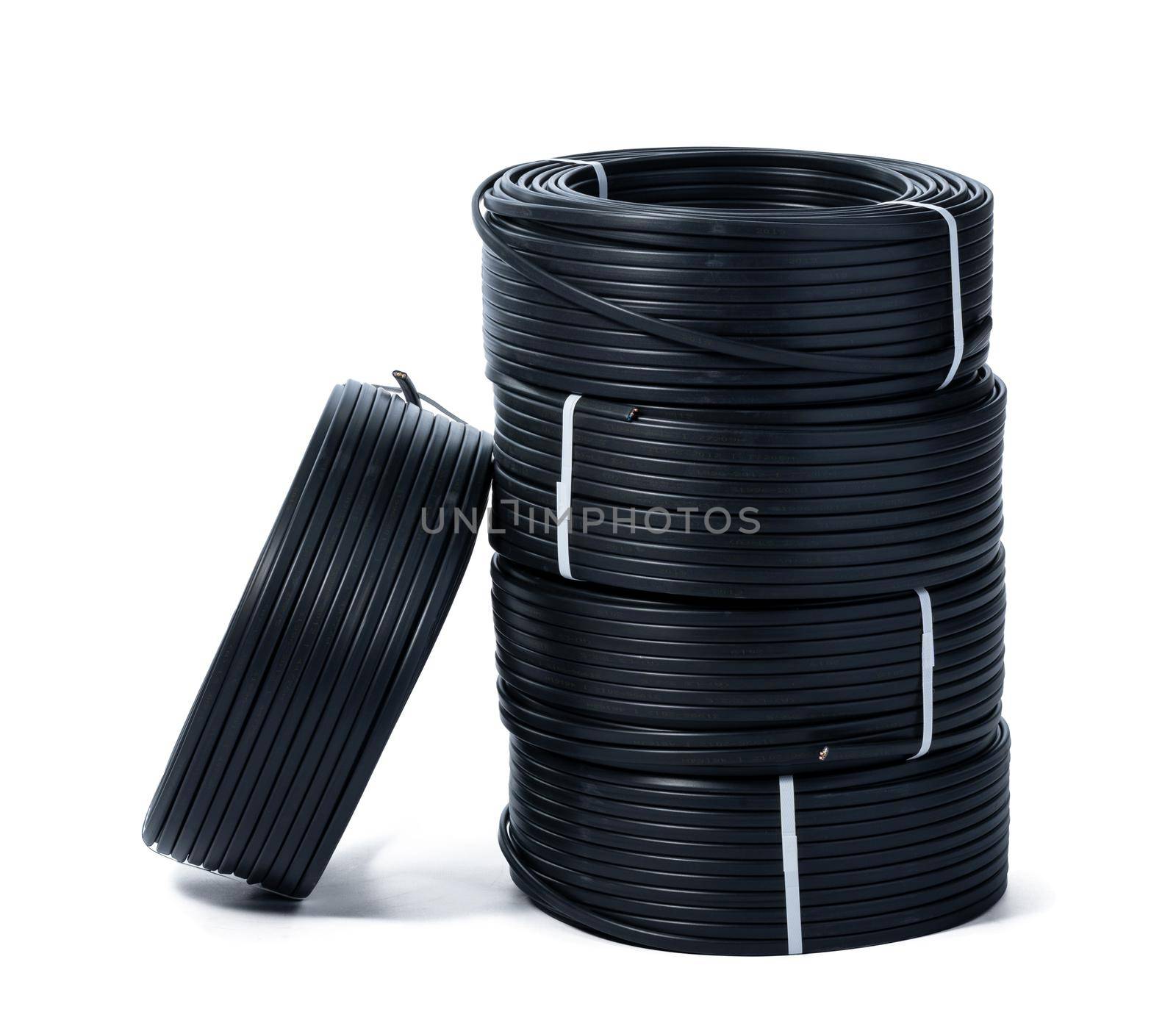 Coils of black cable isolated on white background. High quality photo