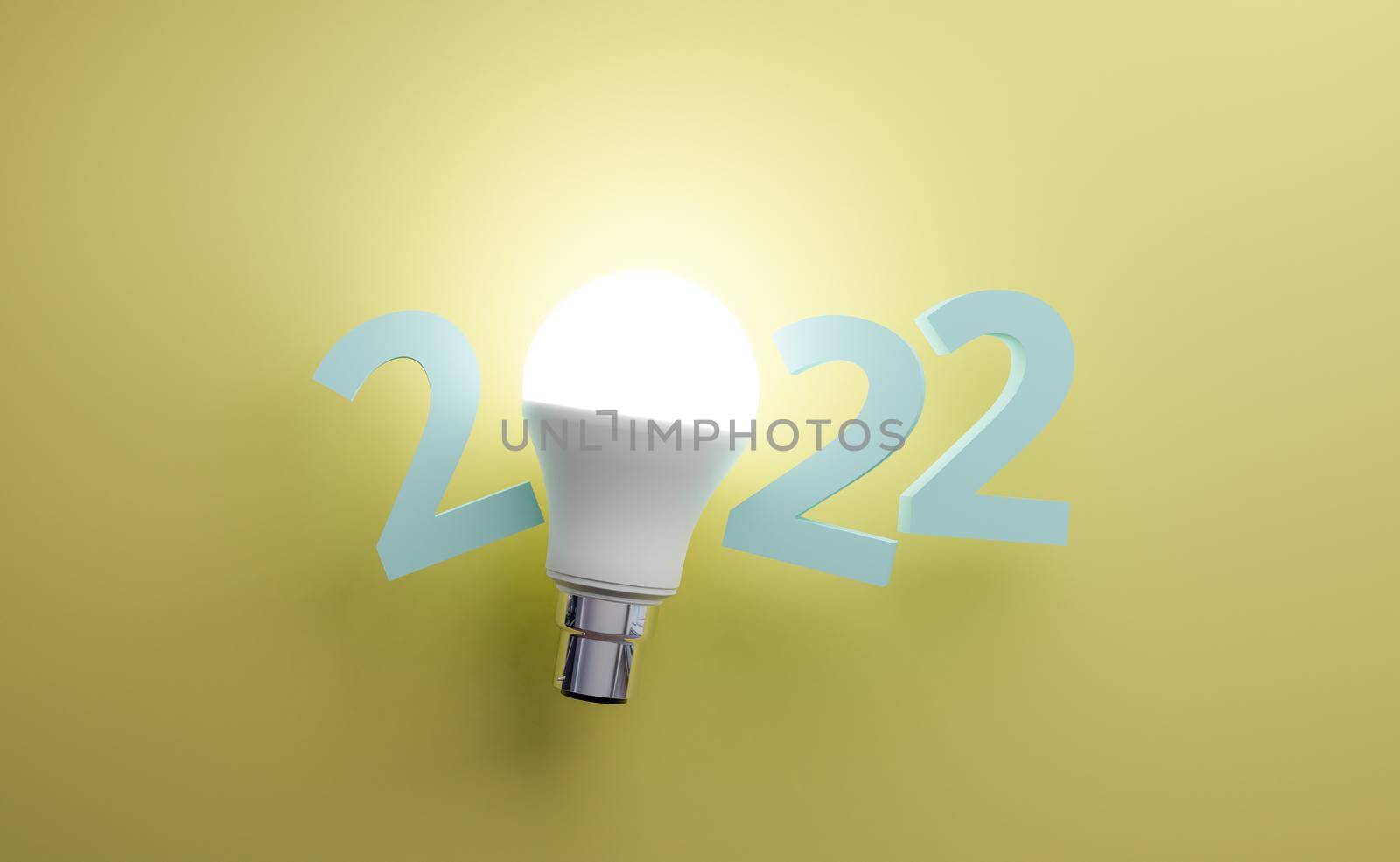 3d numbers for new year 2022 with bright led bulb in the center. 3d rendering