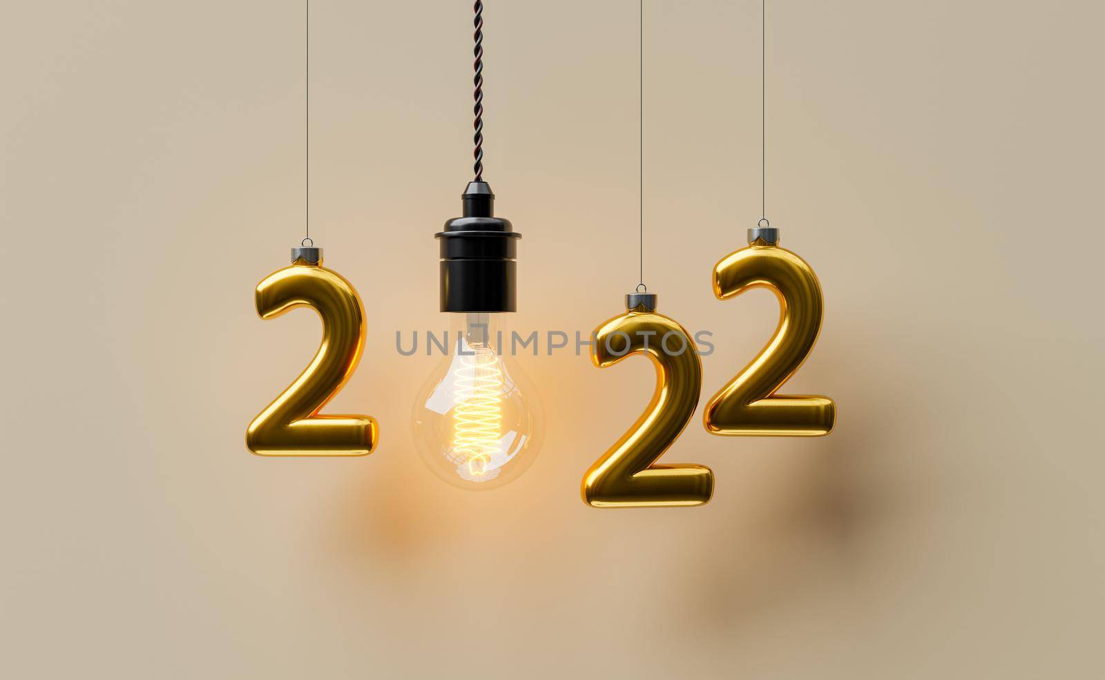 new year 2022 hanging numbers with incandescent bulb. 3d rendering
