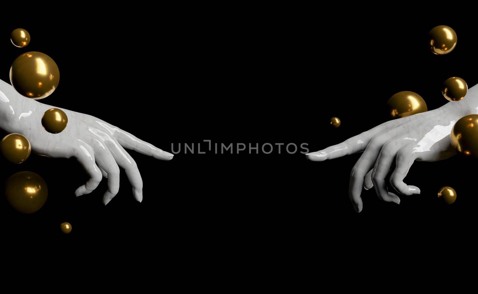 marble hands pointing to the empty center with golden spheres around. 3d rendering