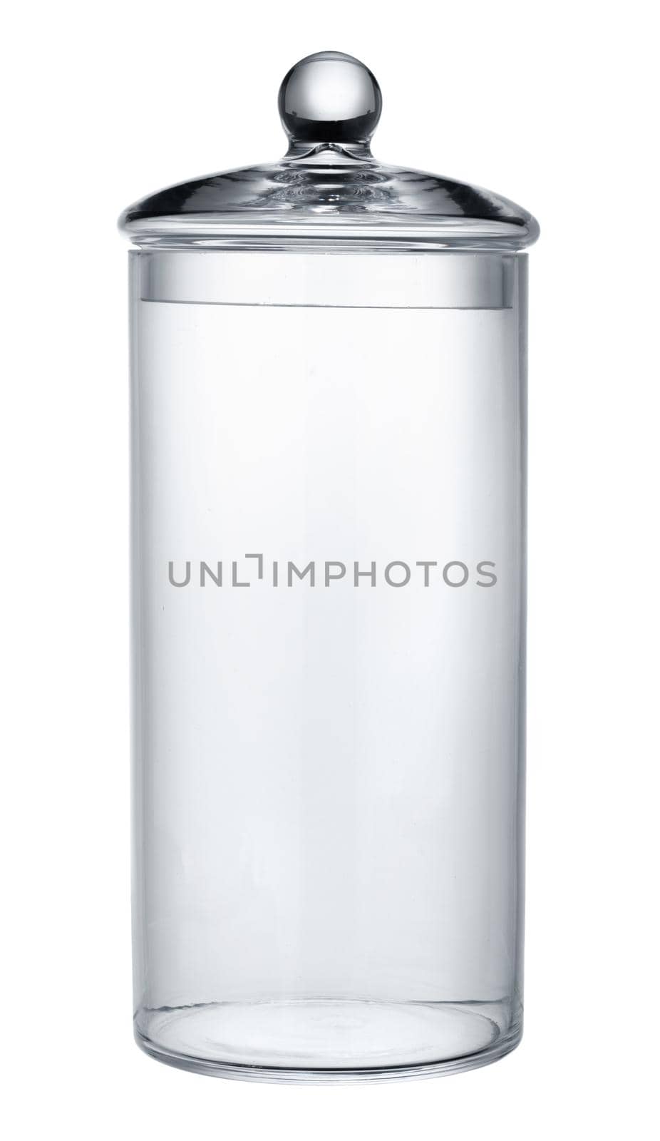 Empty glass storage container isolated on white background close up