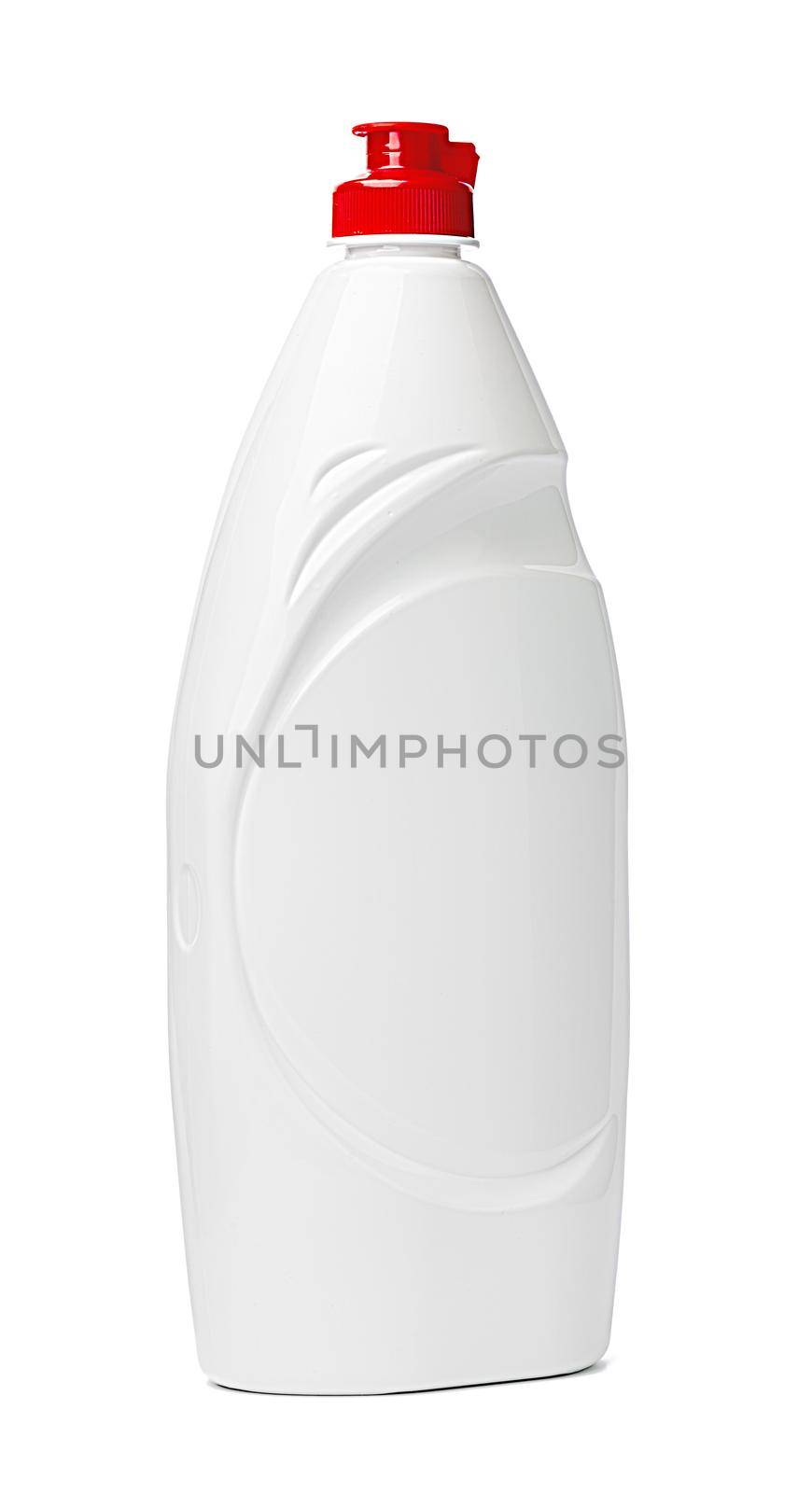 White plastic bottle of washing liquid isolated on white background, close up