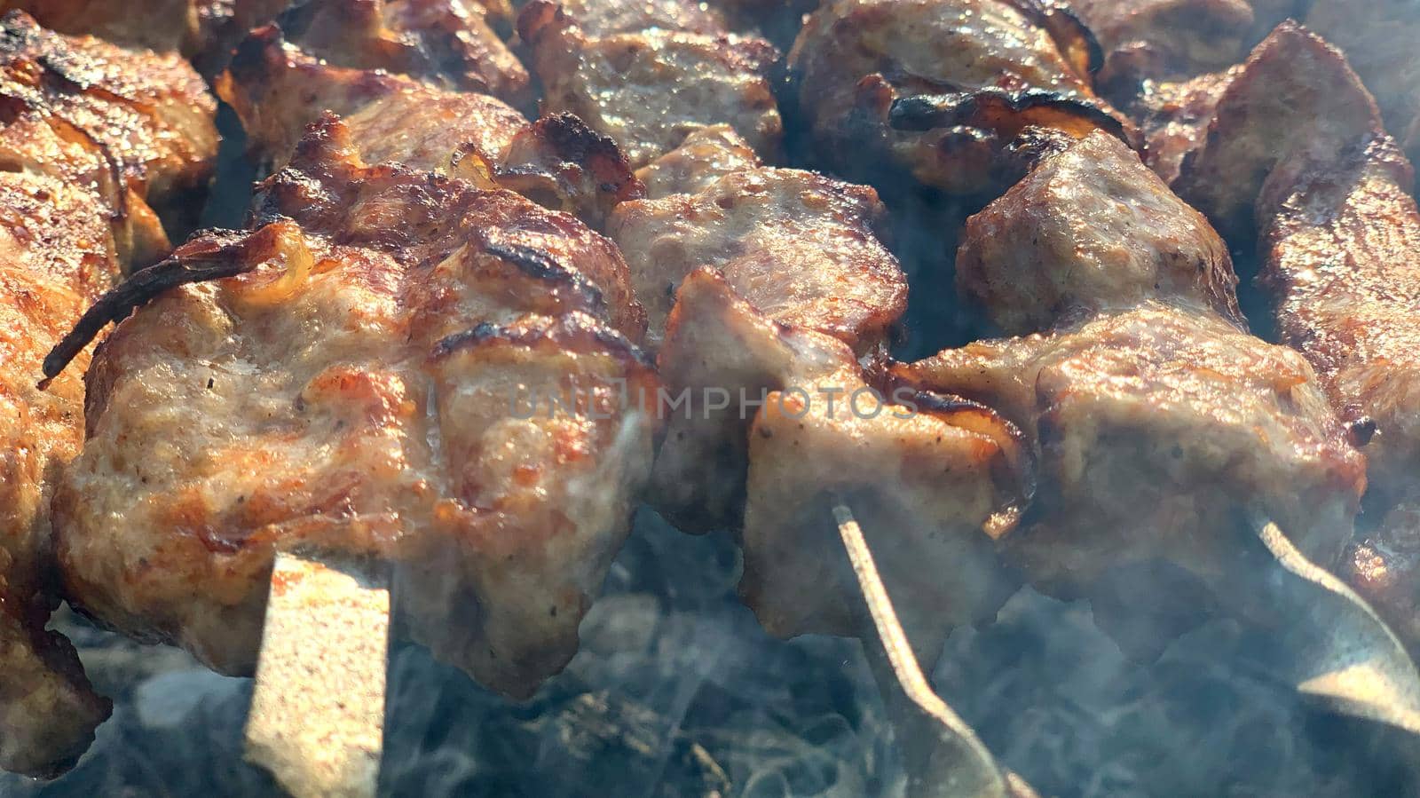 Shish kebab roasting on the grill. BBQ party. Close-up. by Kyrylov