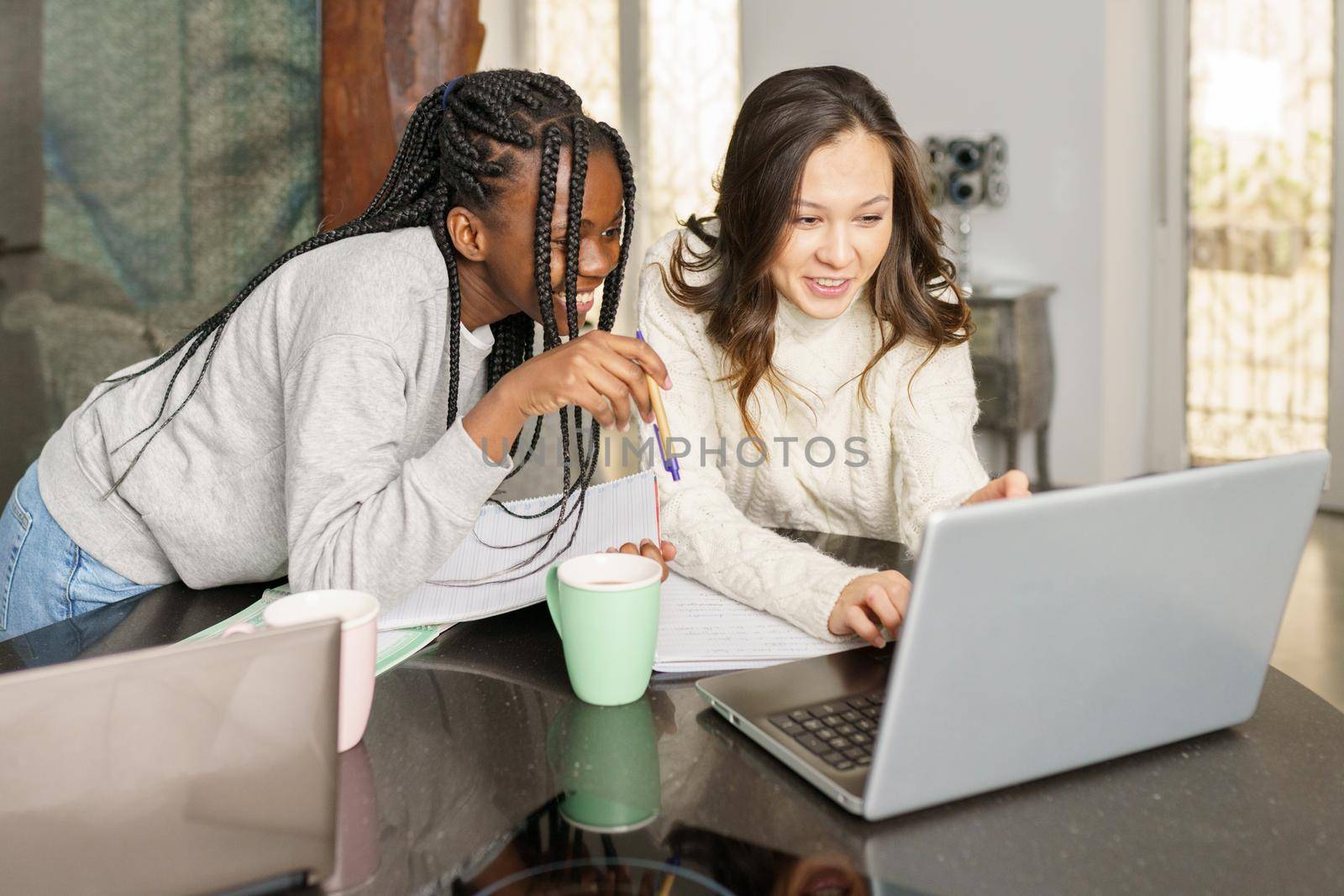 Two college girls studying together at home with laptops while drinking coffee by javiindy