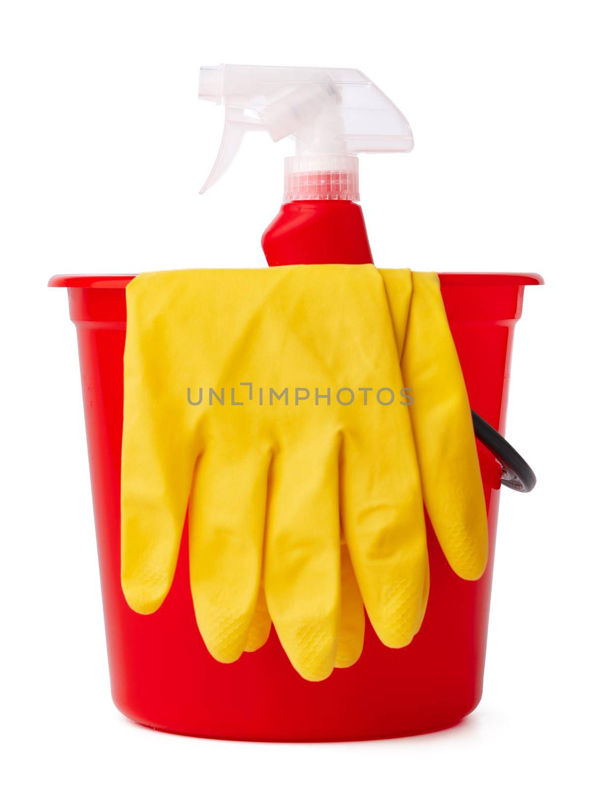 Red bucket with cleaning supplies isolated on white background, close up