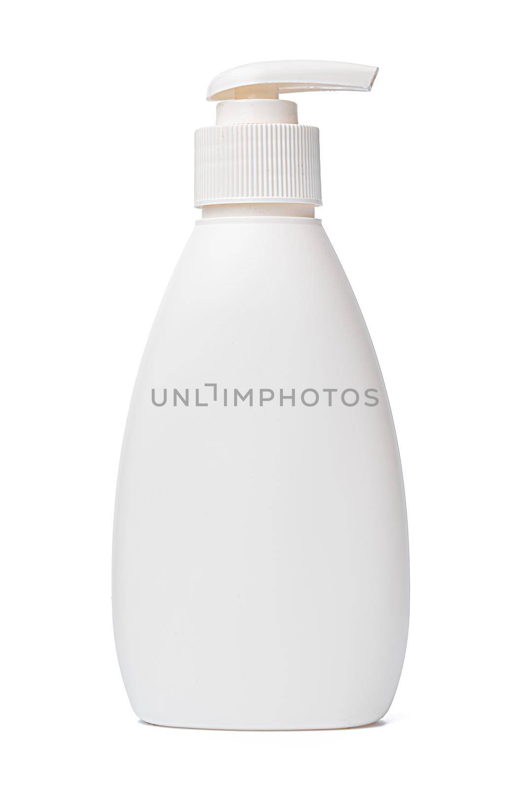 White plastic bottle of washing liquid isolated on white background, close up