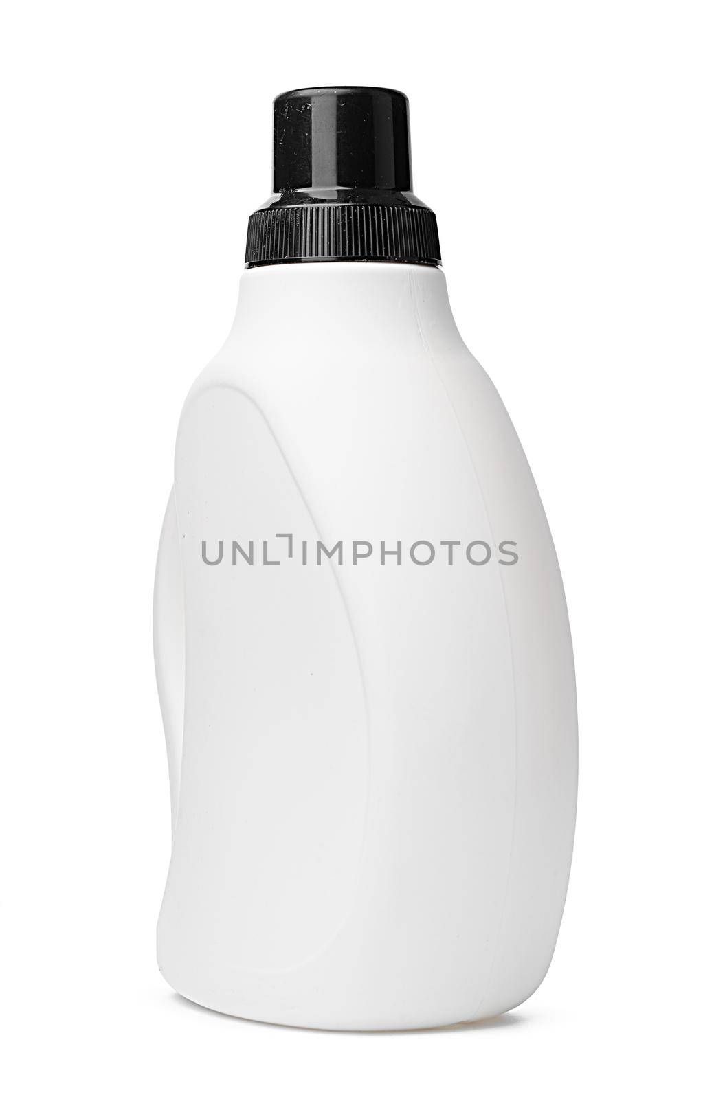 White plastic bottle of washing liquid isolated on white background, close up