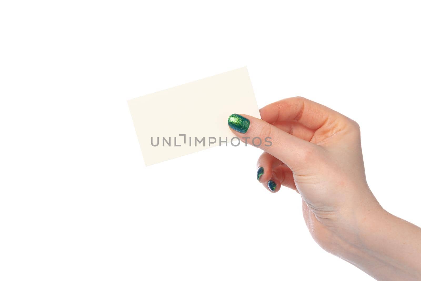Woman's hand showing white paper banner isolated on white by Fabrikasimf
