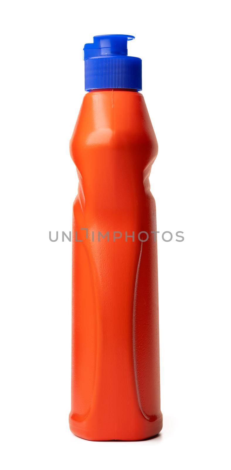 Orange plastic bottle of liquid detergent isolated on white by Fabrikasimf