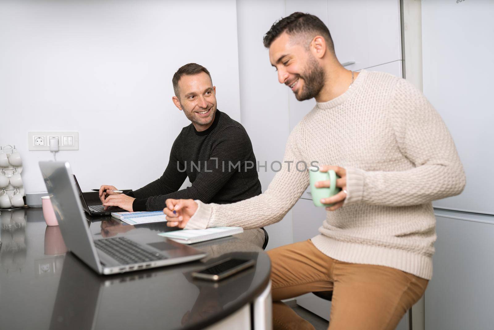 Gay couple working together at home with their laptops. Lifestyle concept.