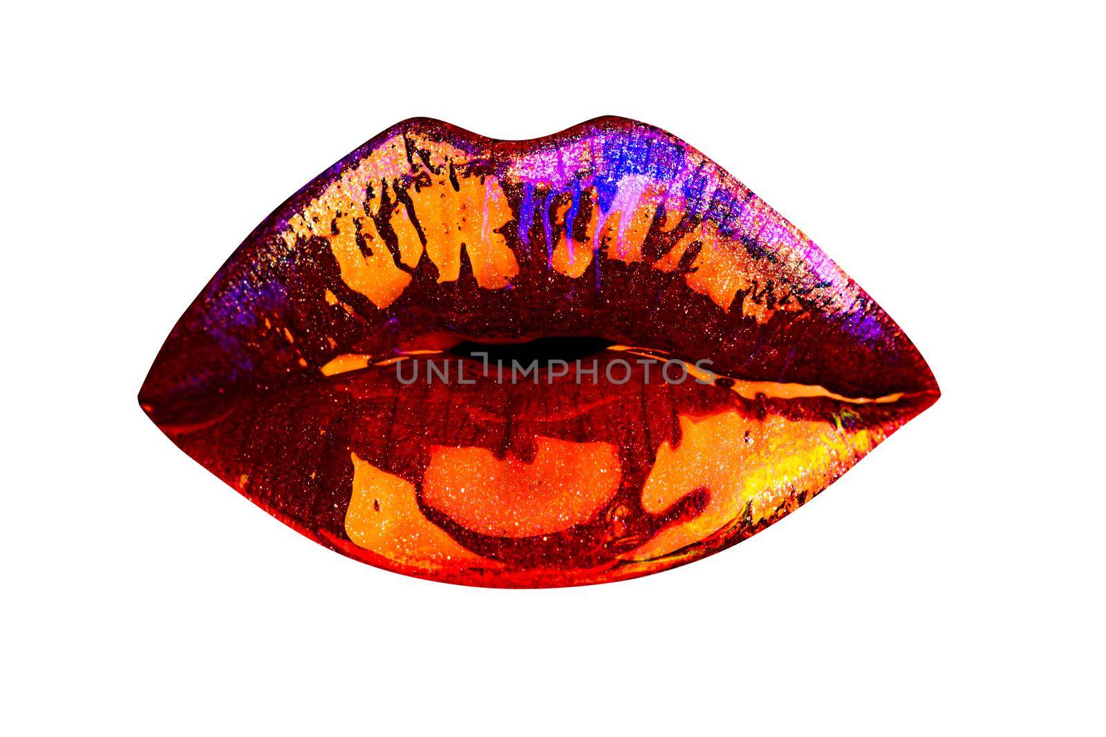 Sexy lip. Kiss lips Isolated on white background. Neon lipstick, mouth