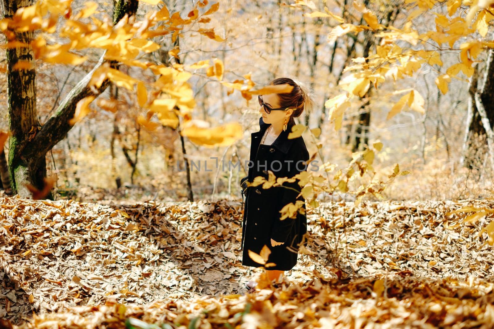 Beautiful young woman walking in autumn park on fallen leaves.