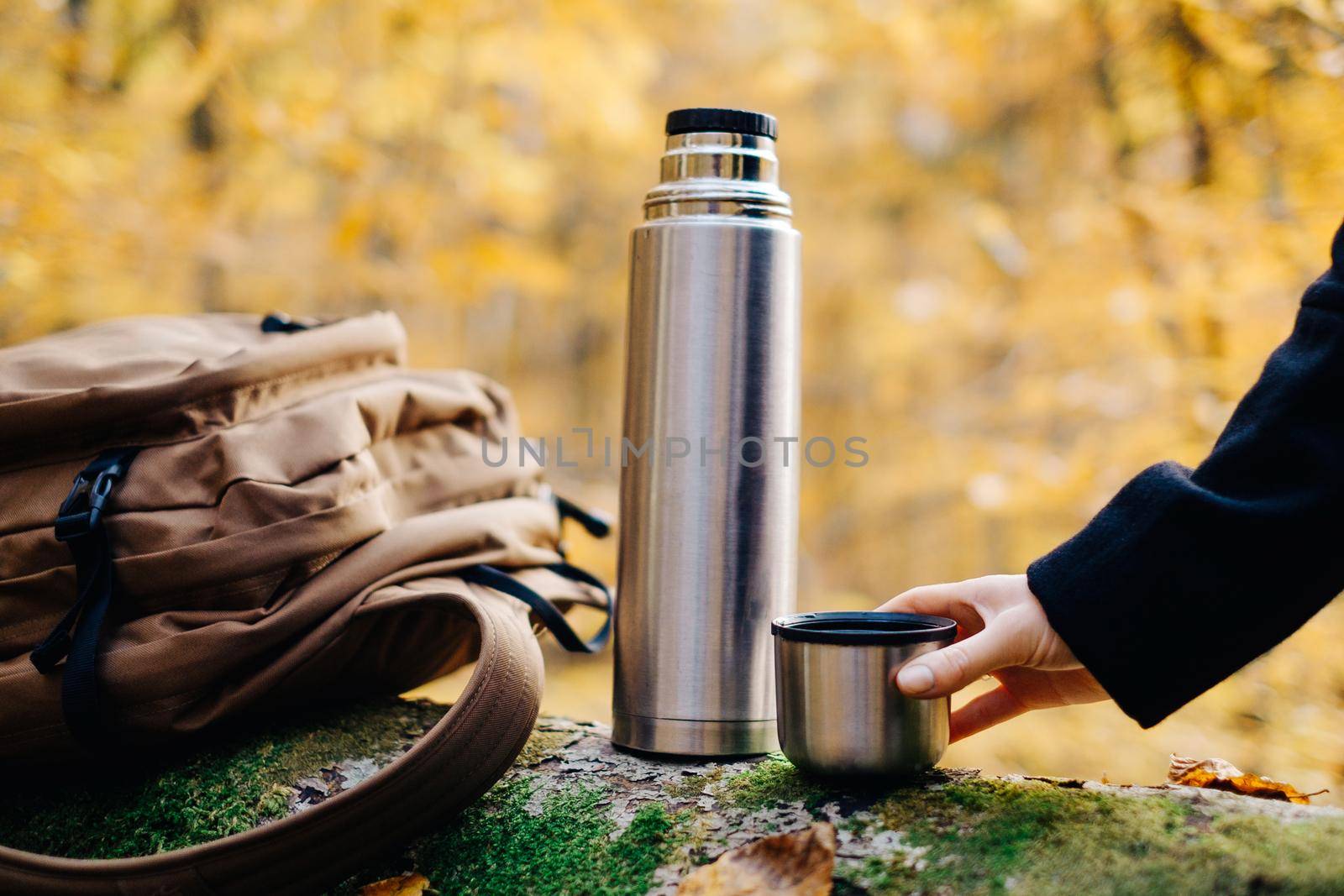 Female hand holding cup near the thermos in autumn forest.