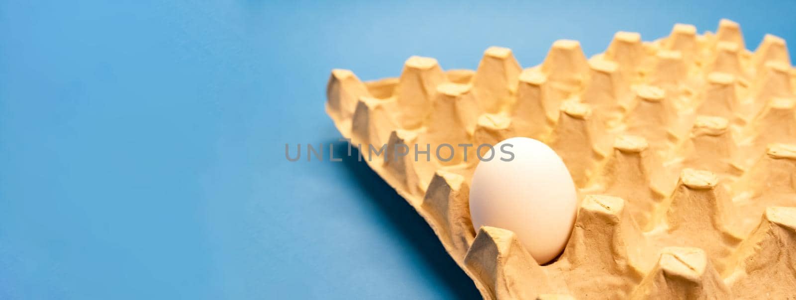 One white chicken egg in non recycable holder of the eggs on blue background. Eco and easter concept. Banner.