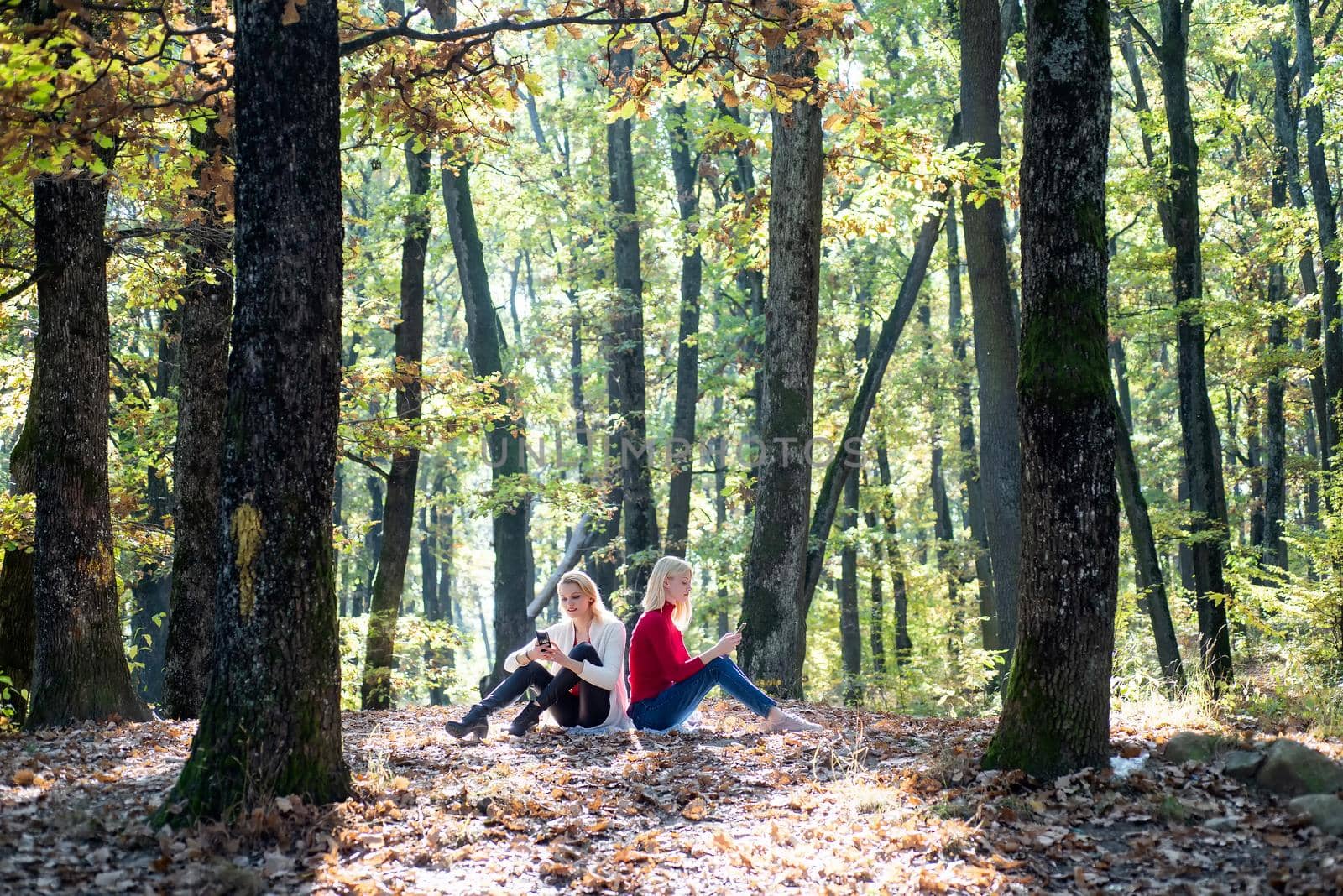 Portrait of two active young girls holding mobile phone and sitting on fallen leaves outdoor. Young women in Autumn. Beautiful fall time in nature
