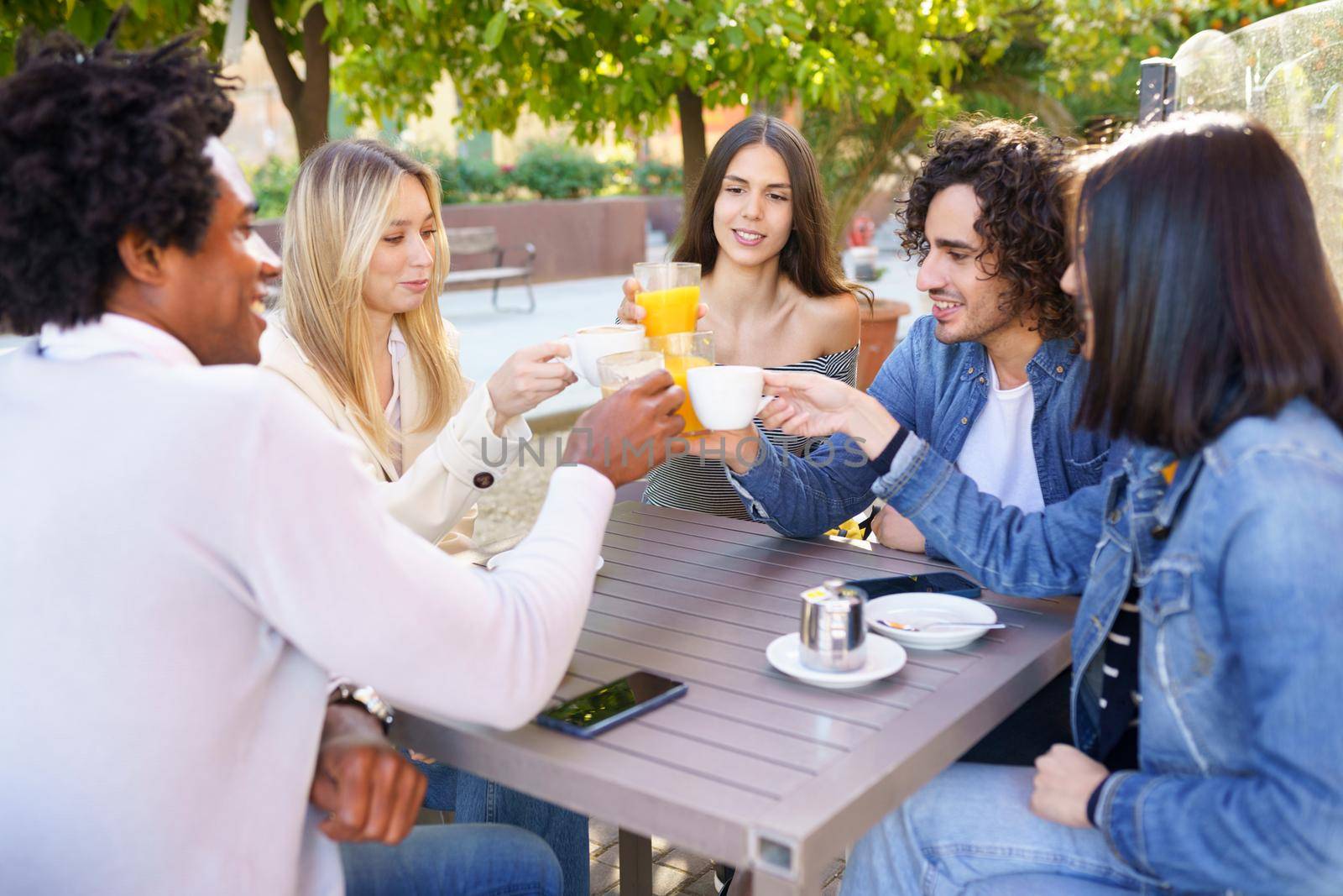 Multi-ethnic group of friends toasting with their drinks while having a drink together. by javiindy