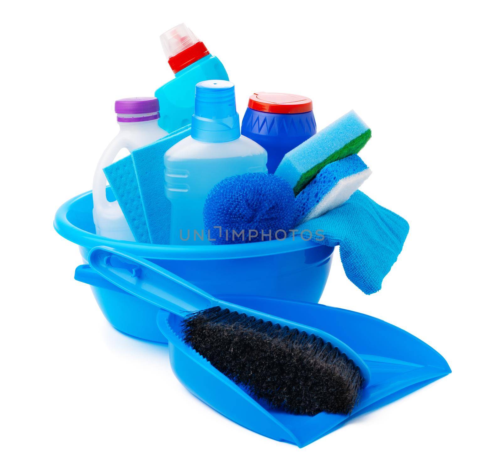 Cleaning items in a blue basin isolated on white background, close up