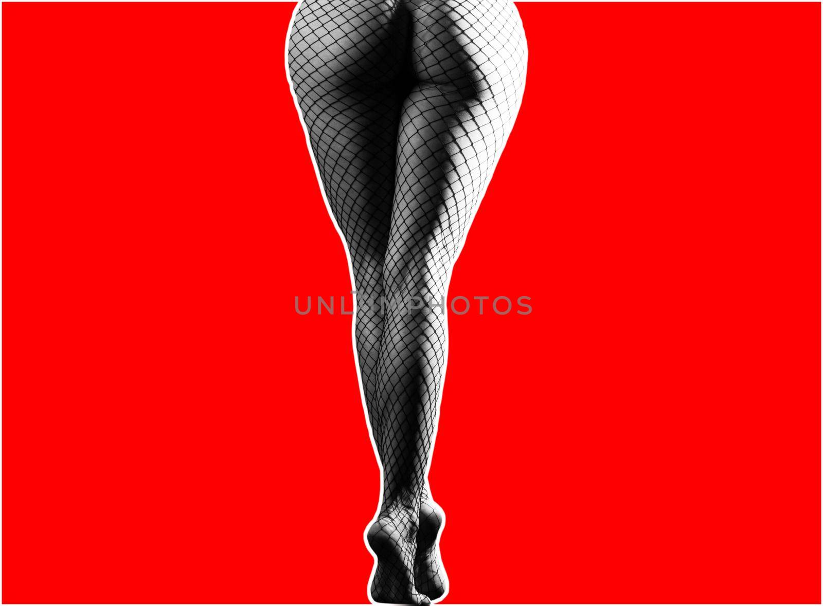 Long female legs. Sexy butt, ass. Baner, body isolated on red. Feet of a girl in stockings