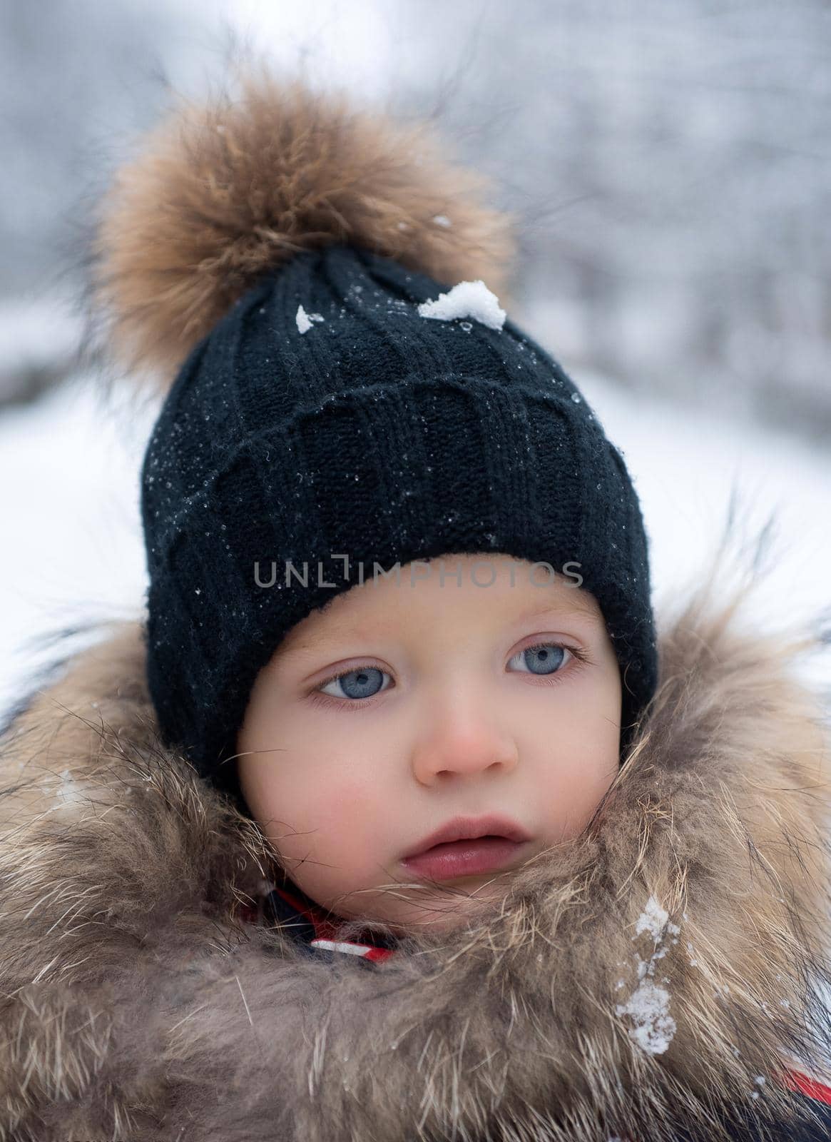 Cute little boy in winter clothes. Kid in winter clothes walking under the snow. Cute little boy. Portrait of a little boy in the snow. Charming boy. While having fun outdoors
