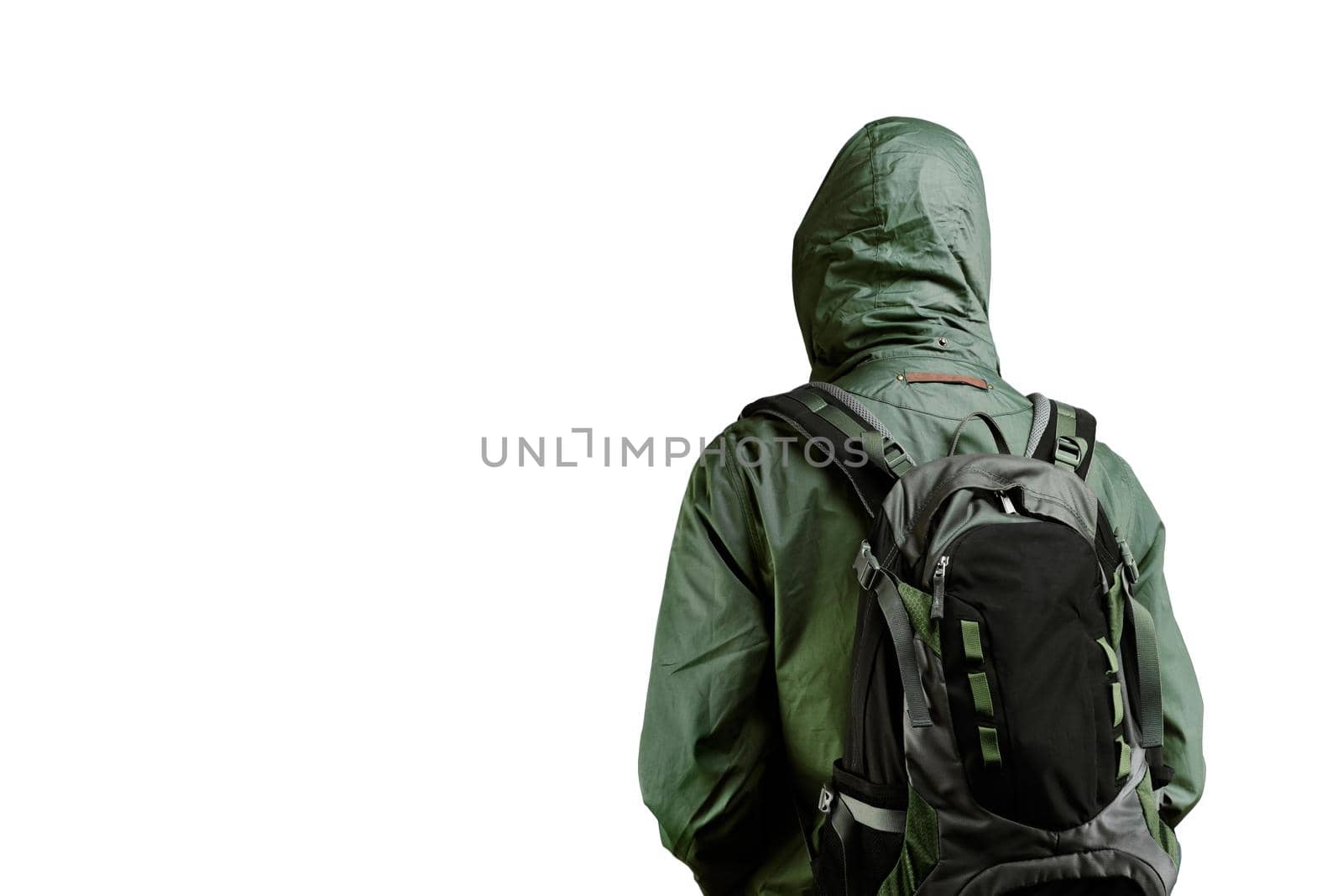 Unrecognizable young man with backpack isolated on a white background, rear view.
