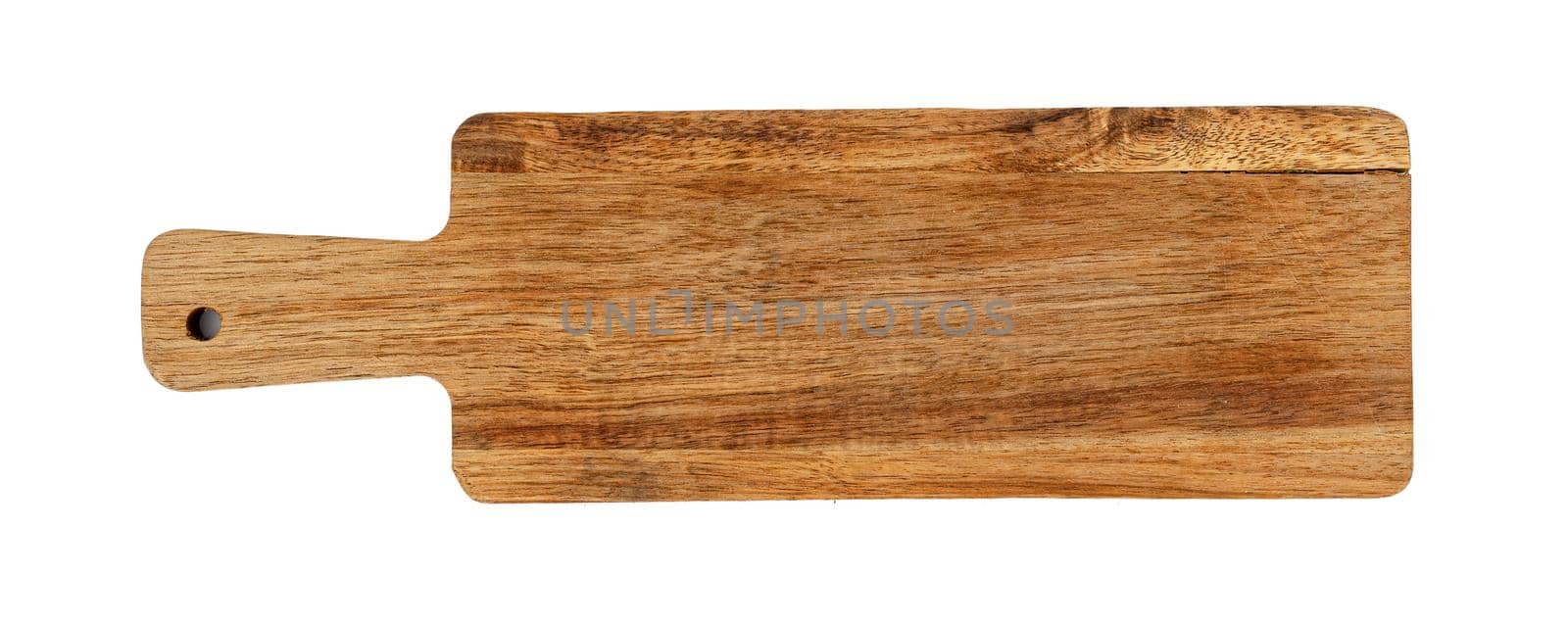 Wooden cutting board on a white background, close up