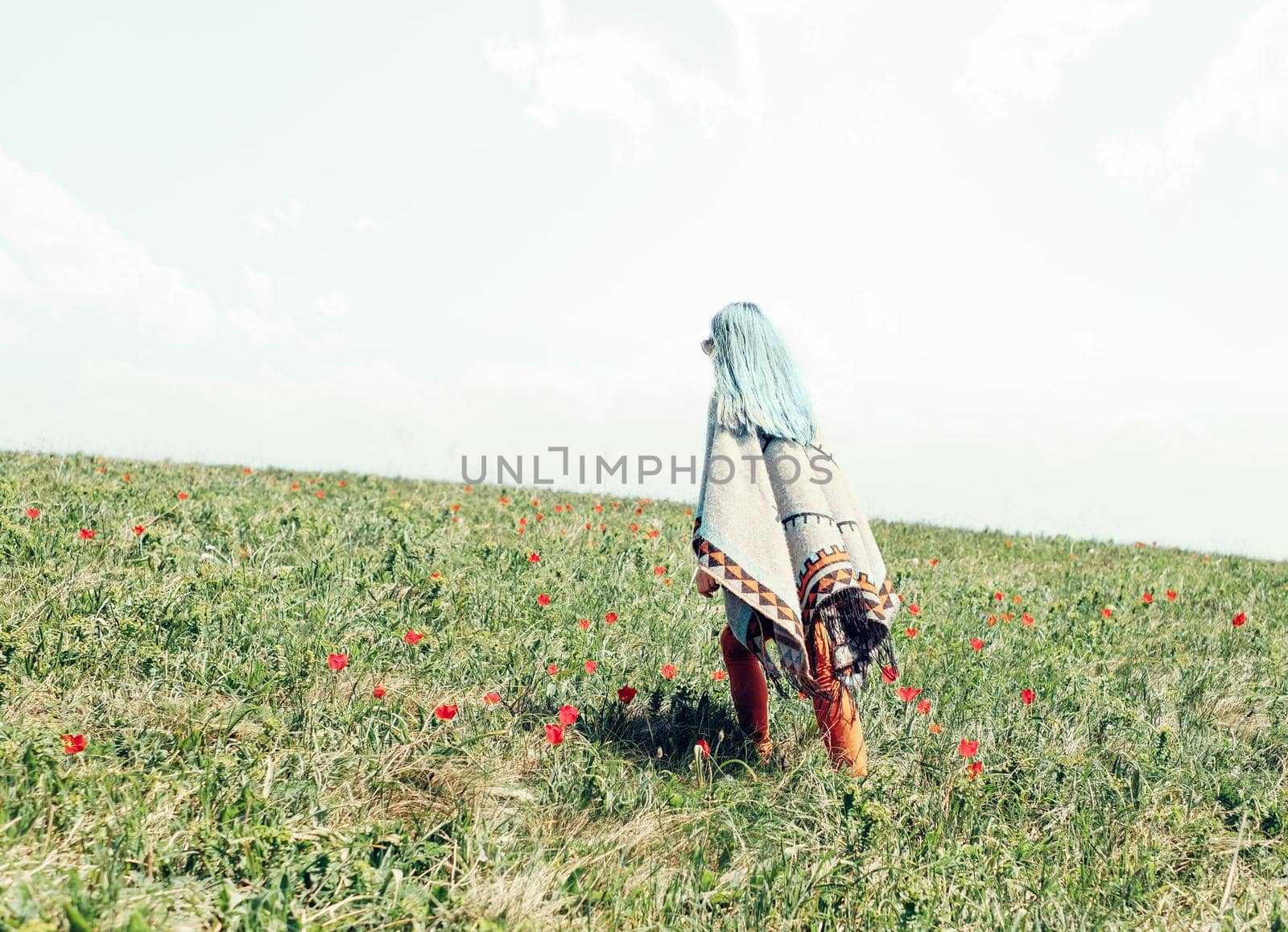 Stylish young woman with blue hair wearing in poncho walking on meadow of tulips.