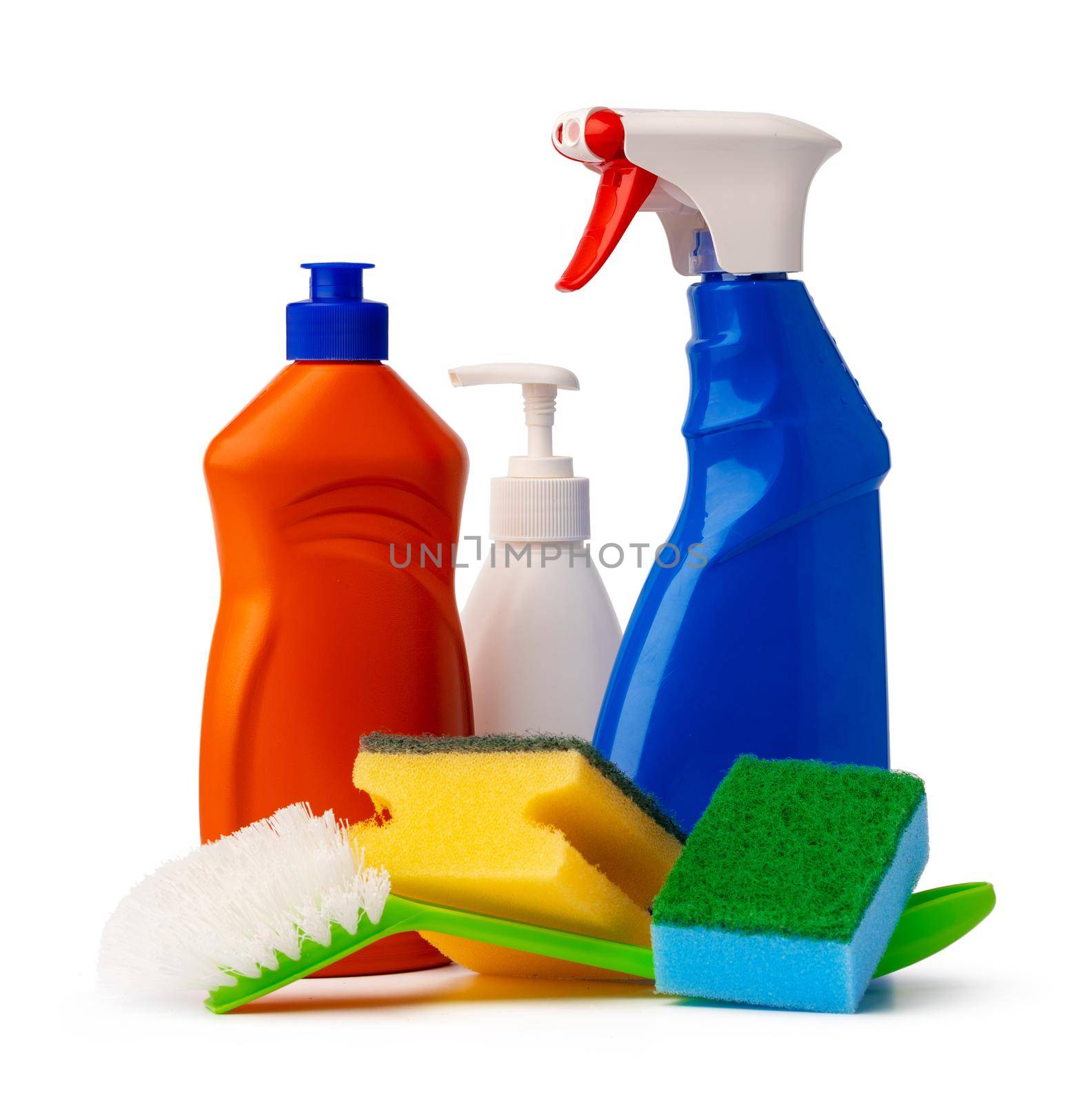 Sanitary household cleaning items isolated on white background, close up