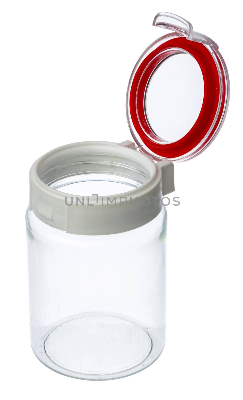 Empty plastic storage jar isolated on white background