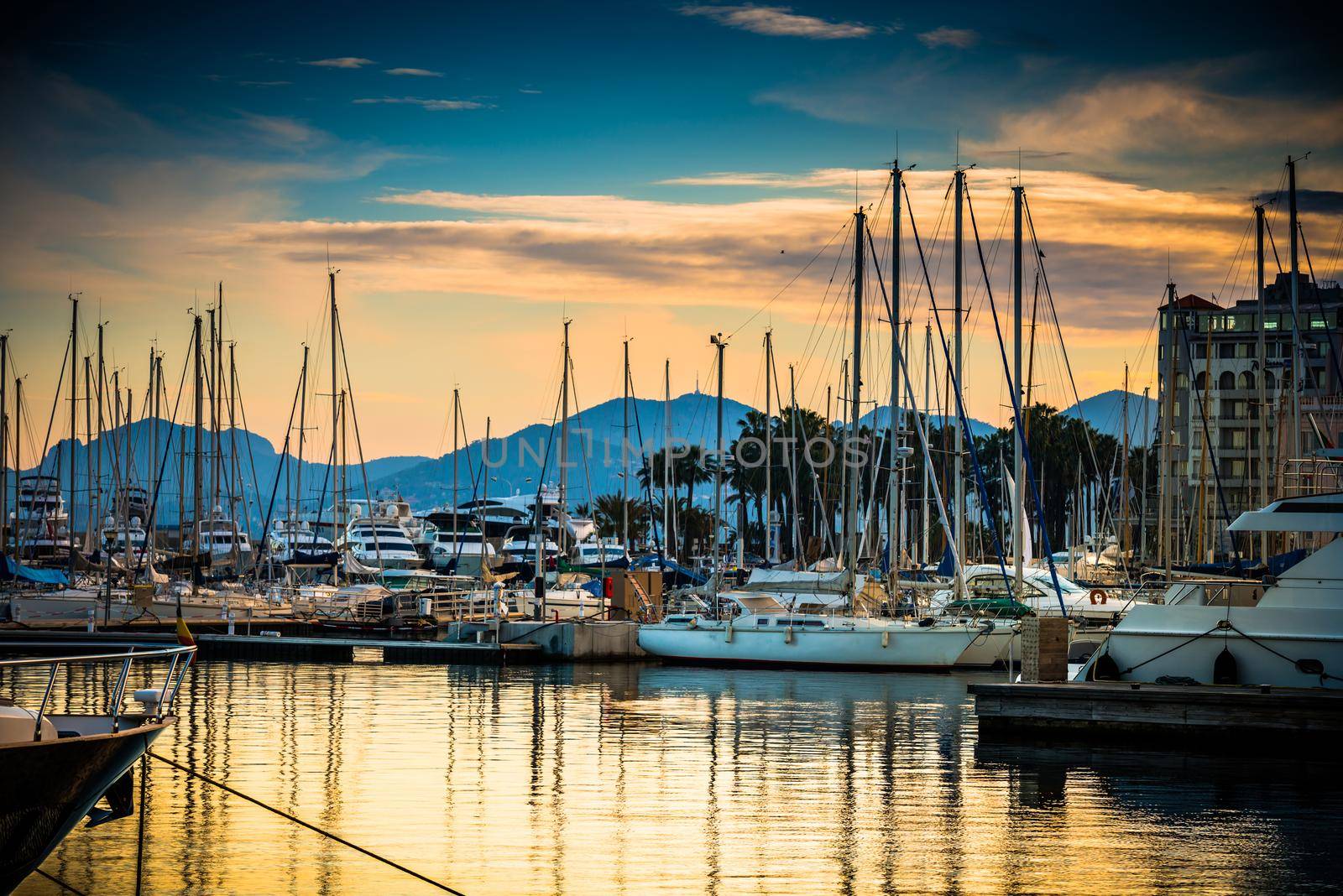 Beautiful marina view, sailboats and motorboats in port