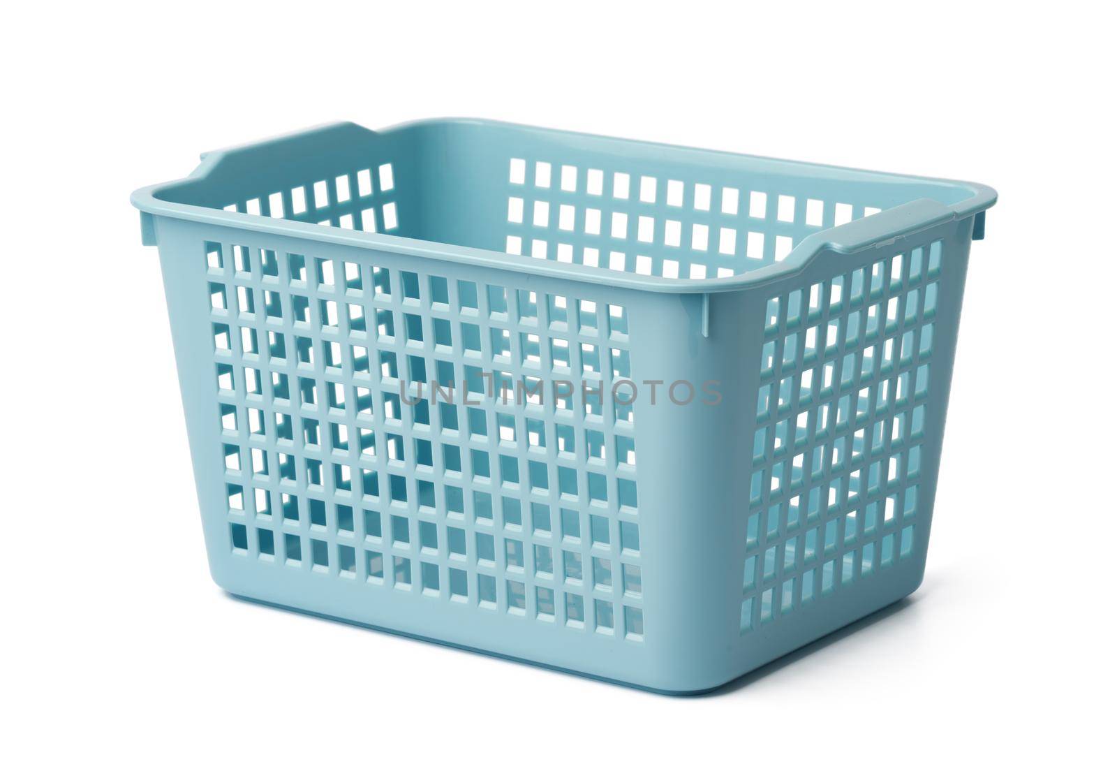 Plastic empty basket isolated on white background, close up