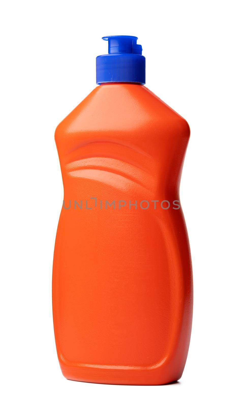 Orange plastic bottle of liquid detergent isolated on white background