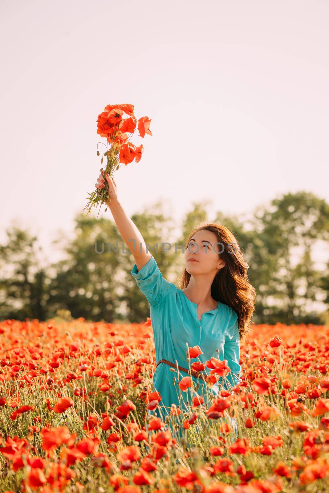 Smiling beautiful brunette young woman holding bouquet of red poppies over her head in flower meadow.