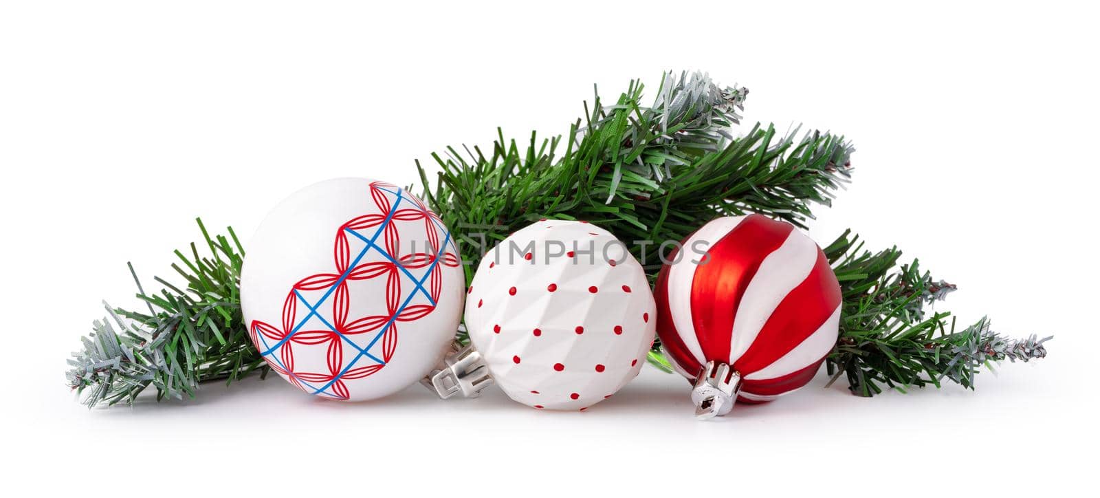 Christmas decoration balls isolated on white background, close up