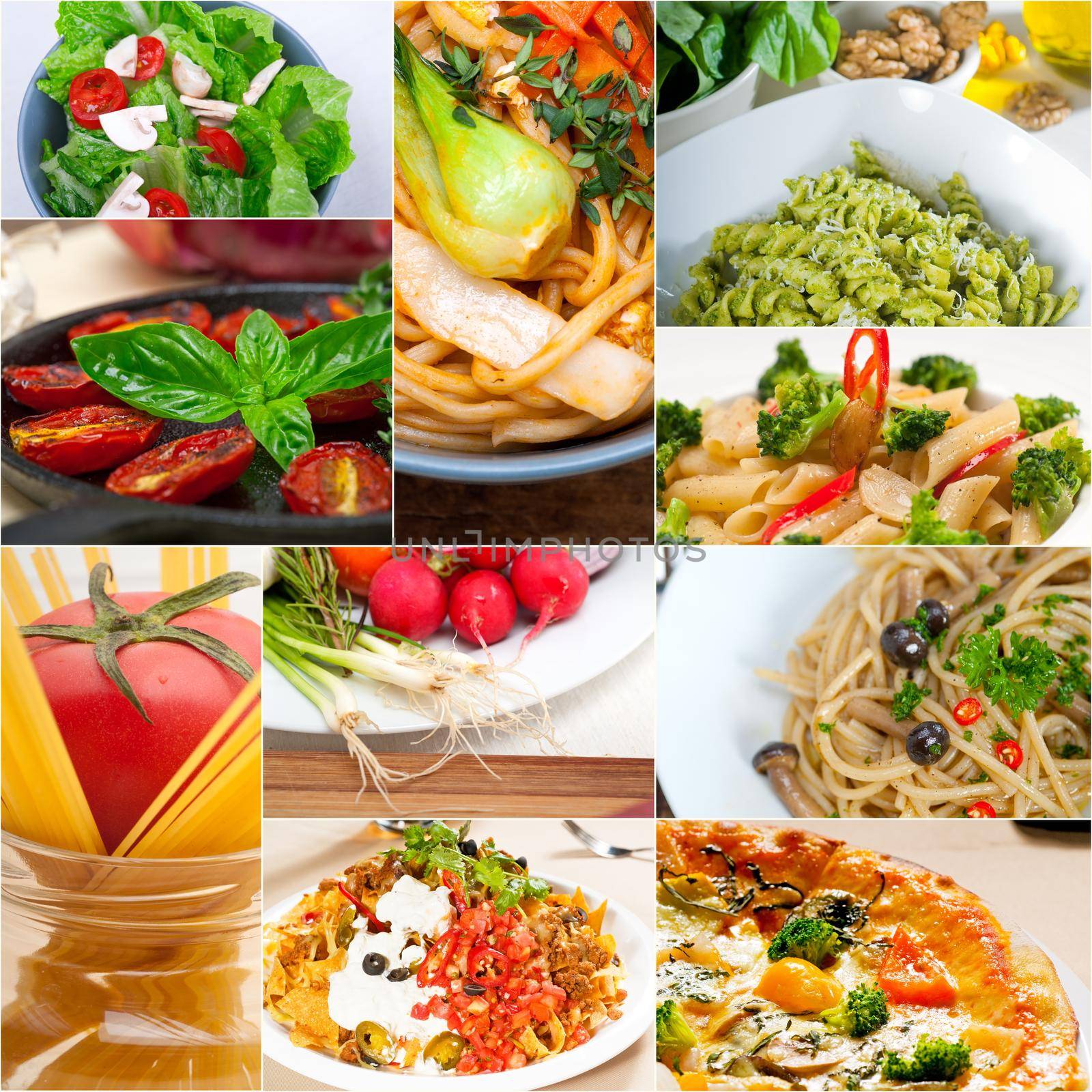 healthy Vegetarian vegan food collage nested on white frame